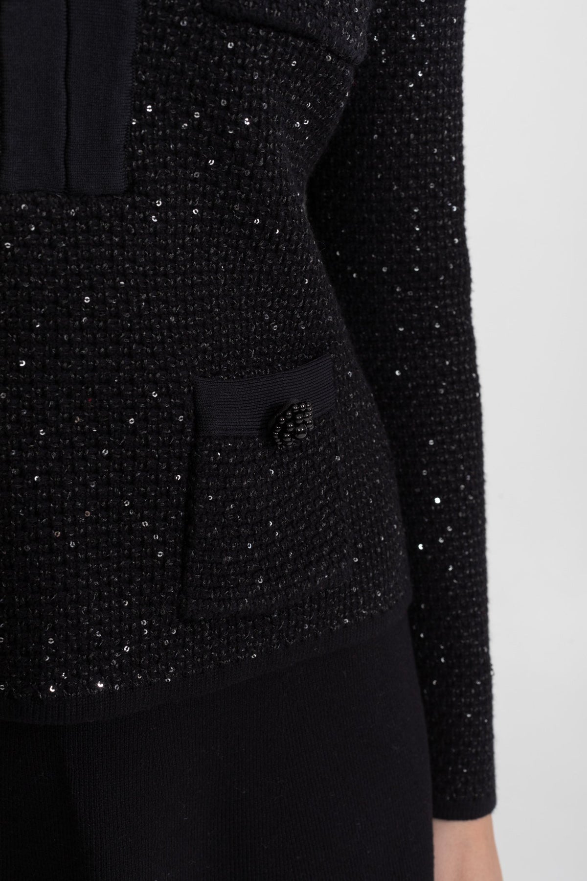 Carlotta Black Embellished Tweed Co-Ord Set with Bow Closures And Mini Skirt
