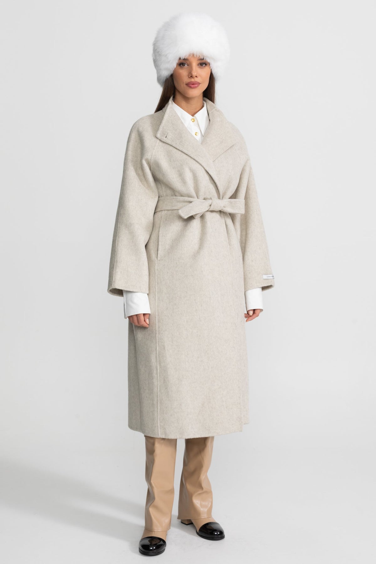 Belted Midi Coat With High Neckline - Beige