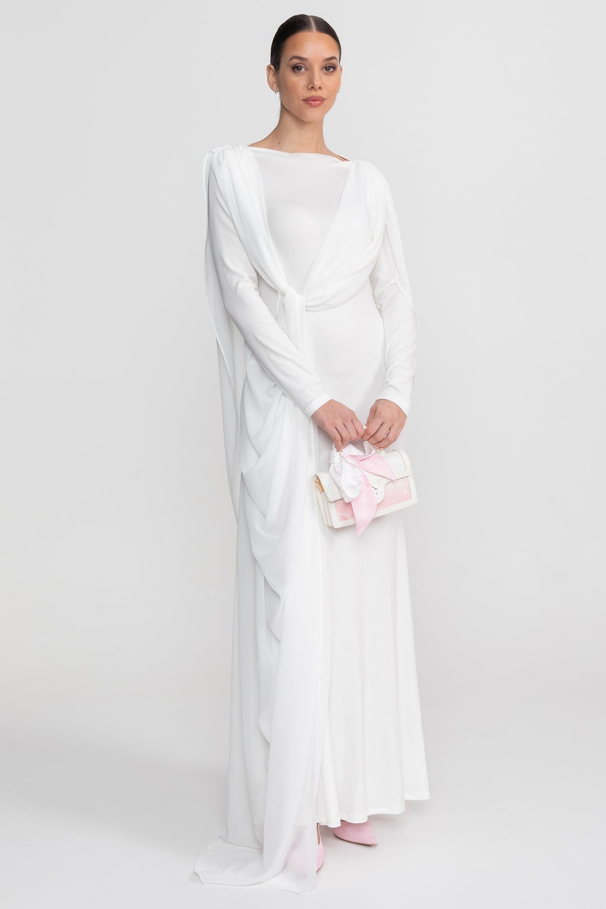 Draped Long Sleeve Maxi Dress With Cape Overlay With Knot Front Detail - White