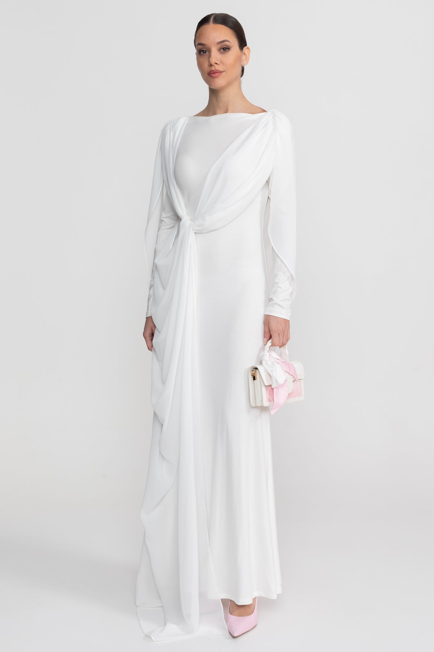 Draped Long Sleeve Maxi Dress With Cape Overlay With Knot Front Detail - White