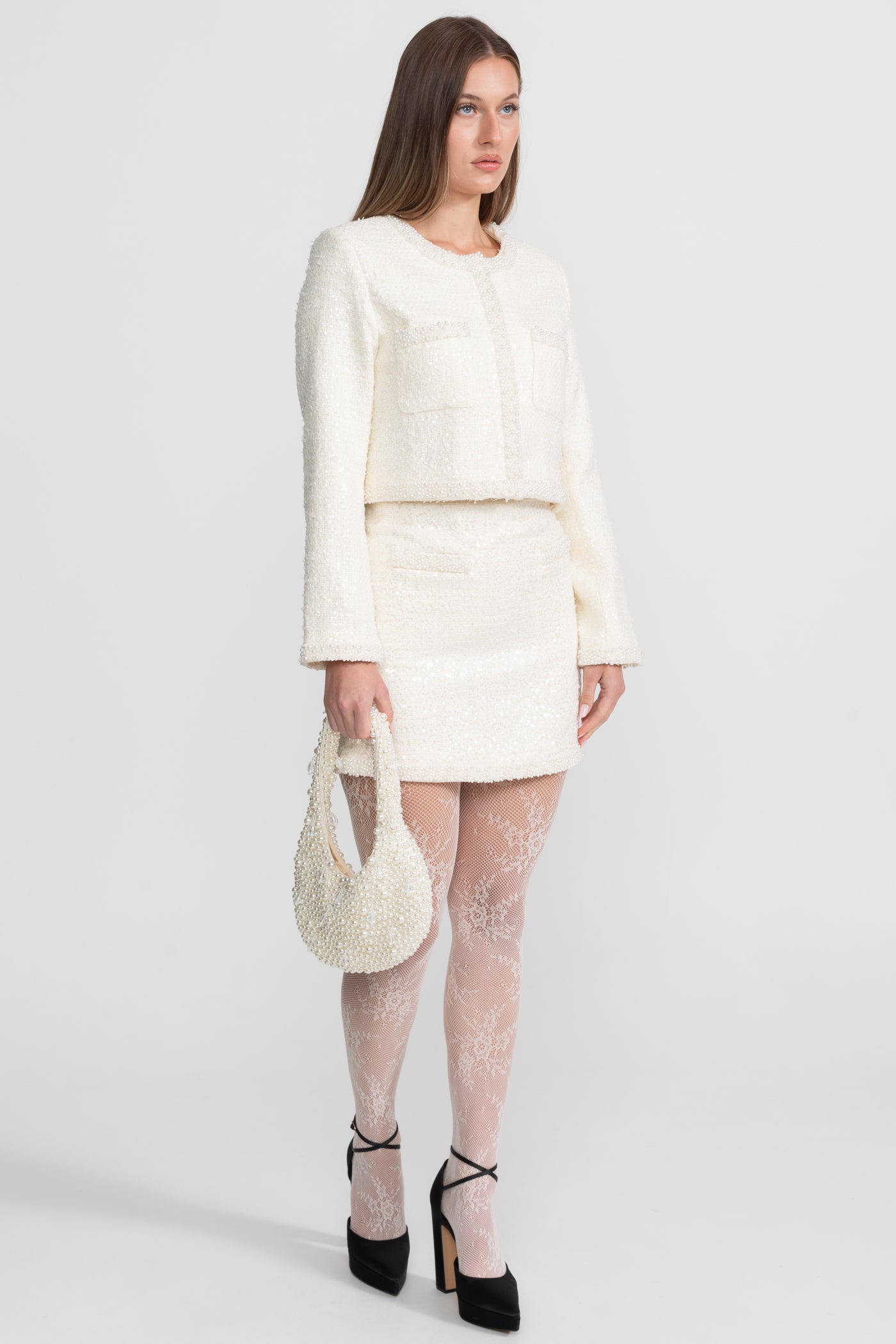 Tweed Blazer With Beaded Trim - Ivoire