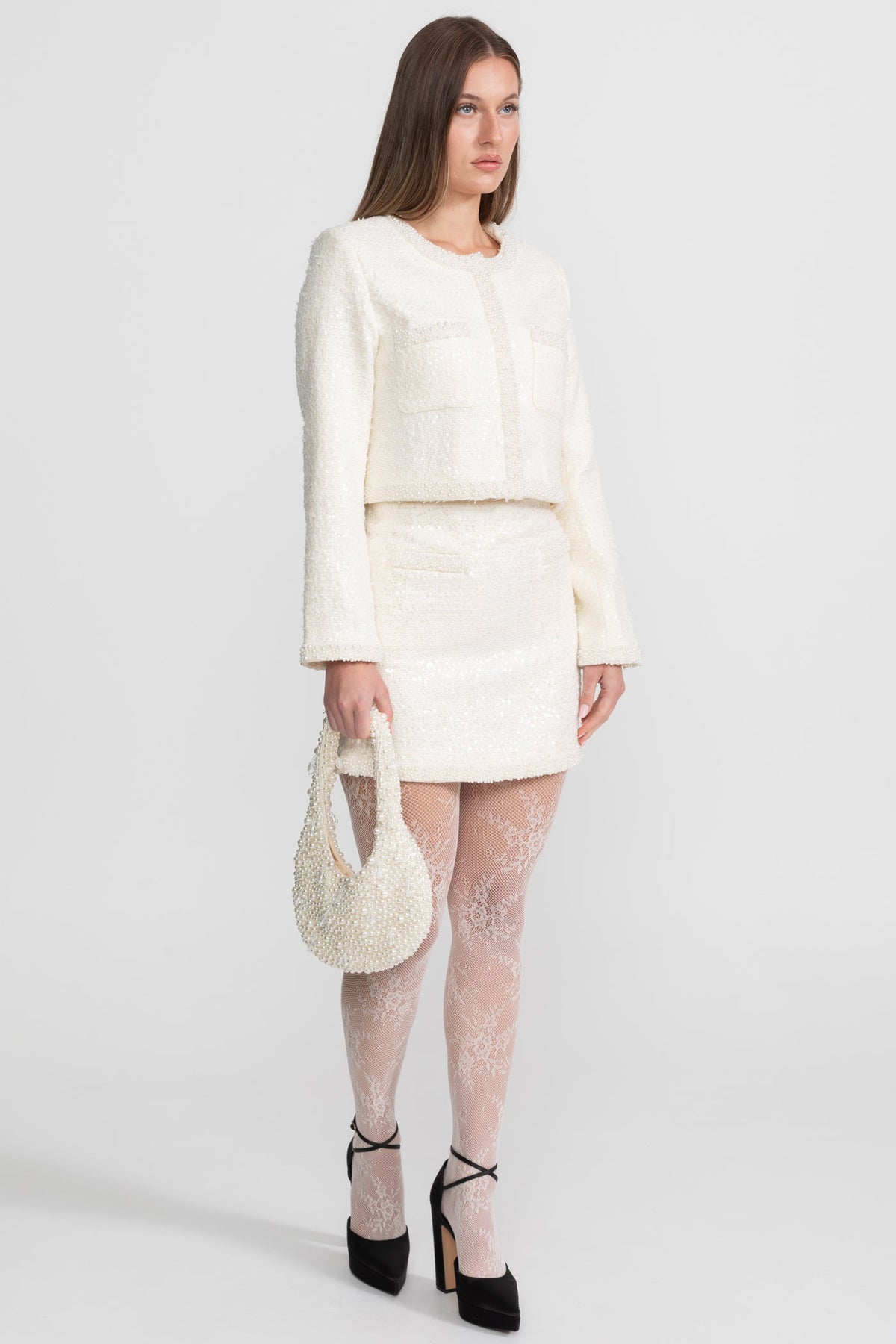 Tweed Blazer With Beaded Trim - Ivoire