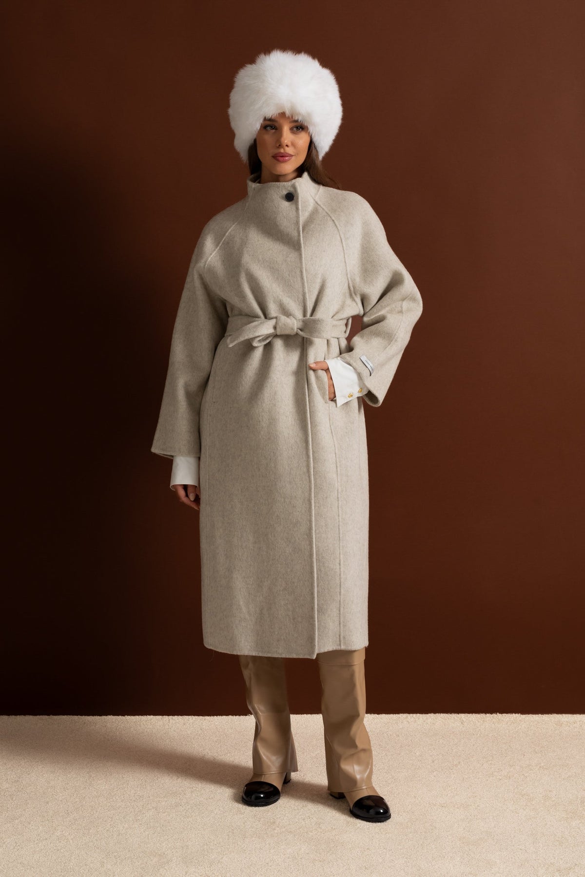 Belted Midi Coat With High Neckline - Beige