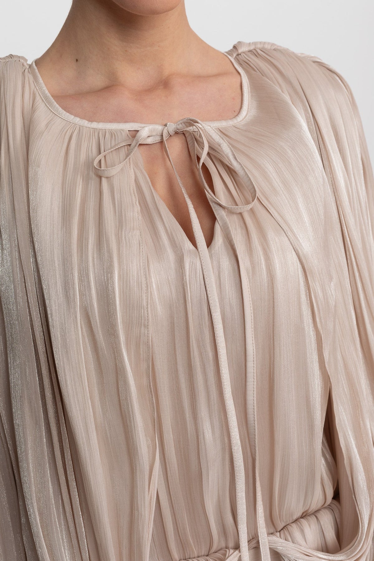 Draped Long Sleeve Mini Dress With Batwing Sleeves - Champagne