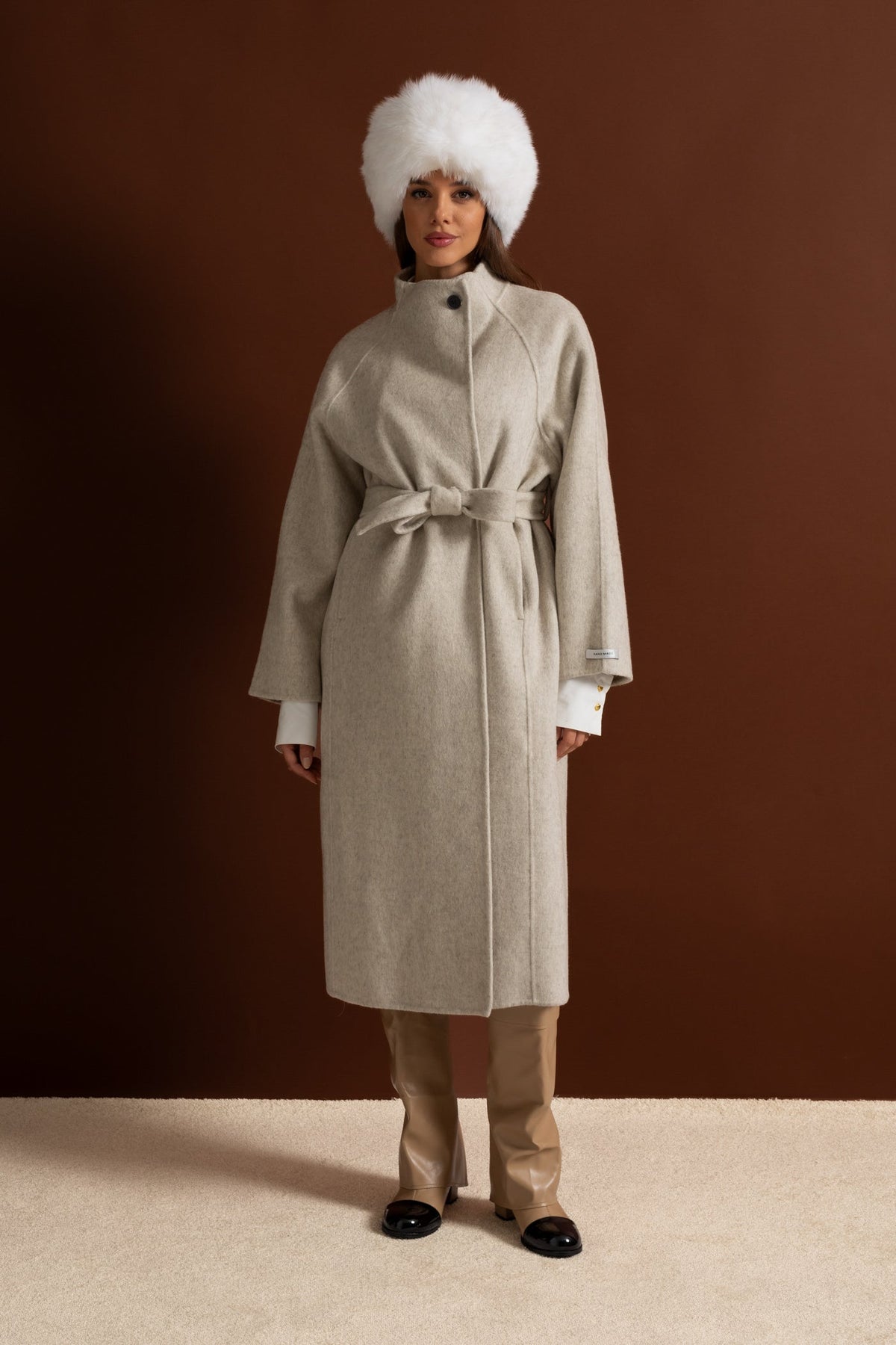 Belted Midi Coat With High Neckline - Beige