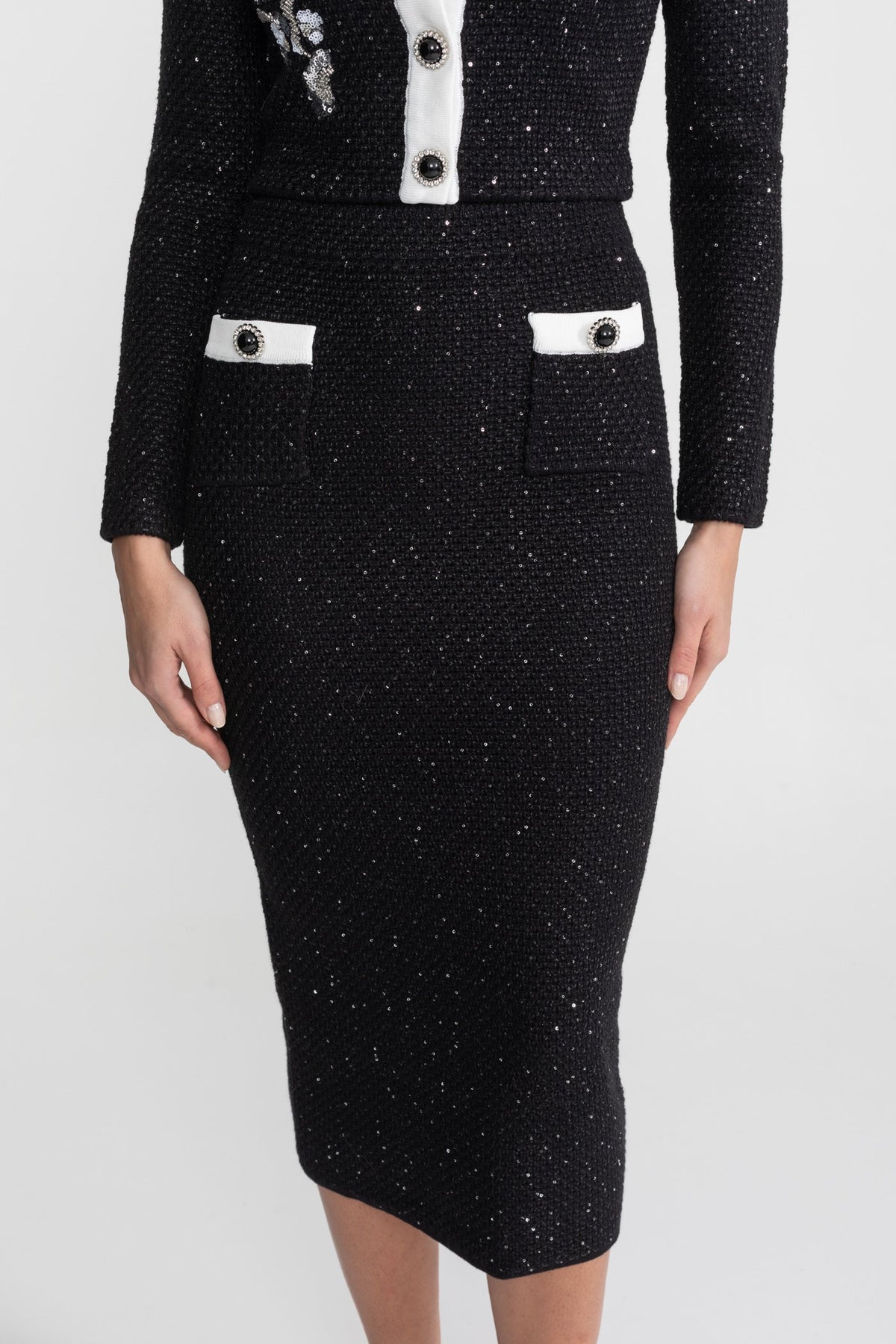Clementine Black Embroidered Tweed Knit Co-Ord Set with Contrast Trim
