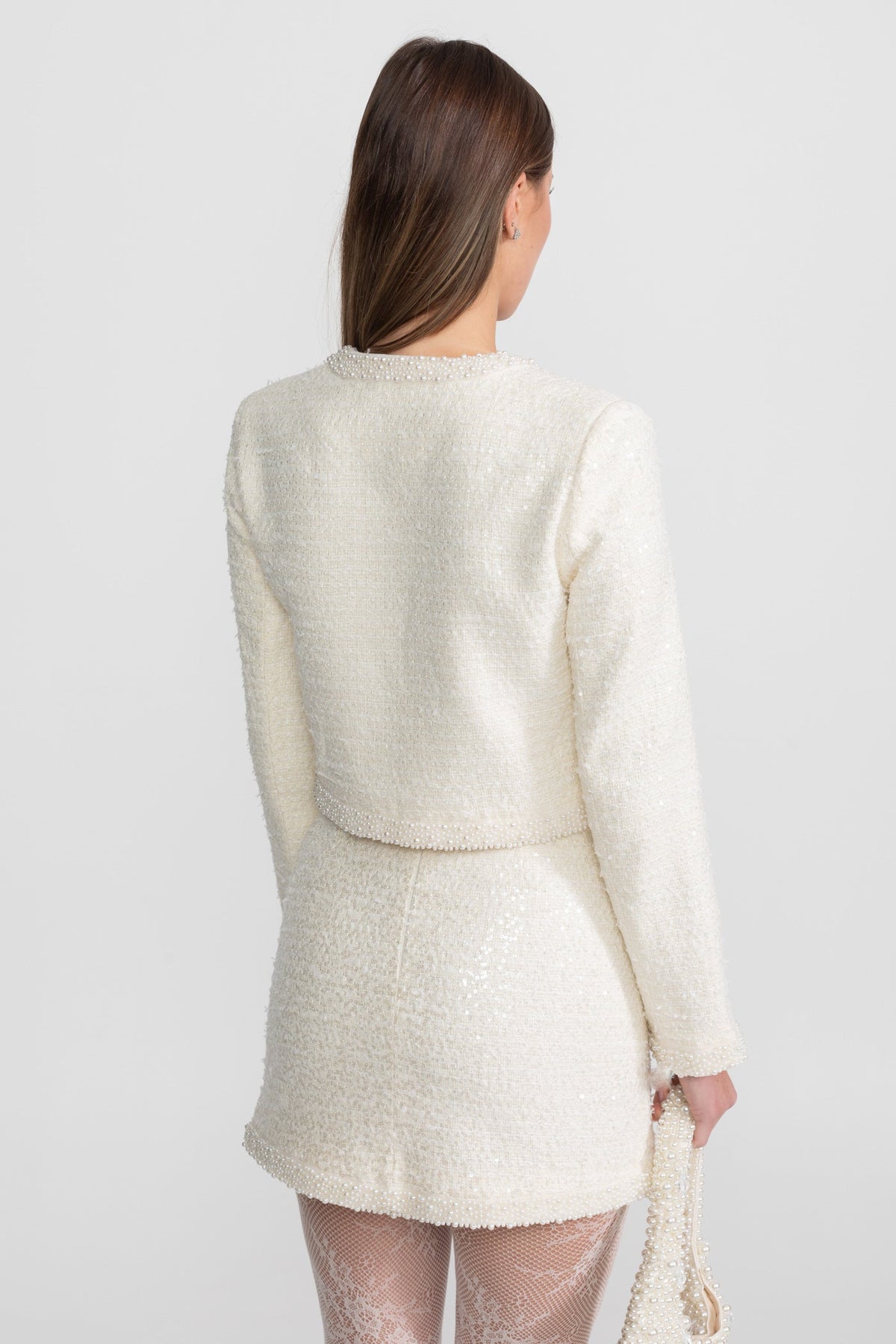 Lucinda Ivoire Tweed Mini Skirt With Beaded Trim And Hemline