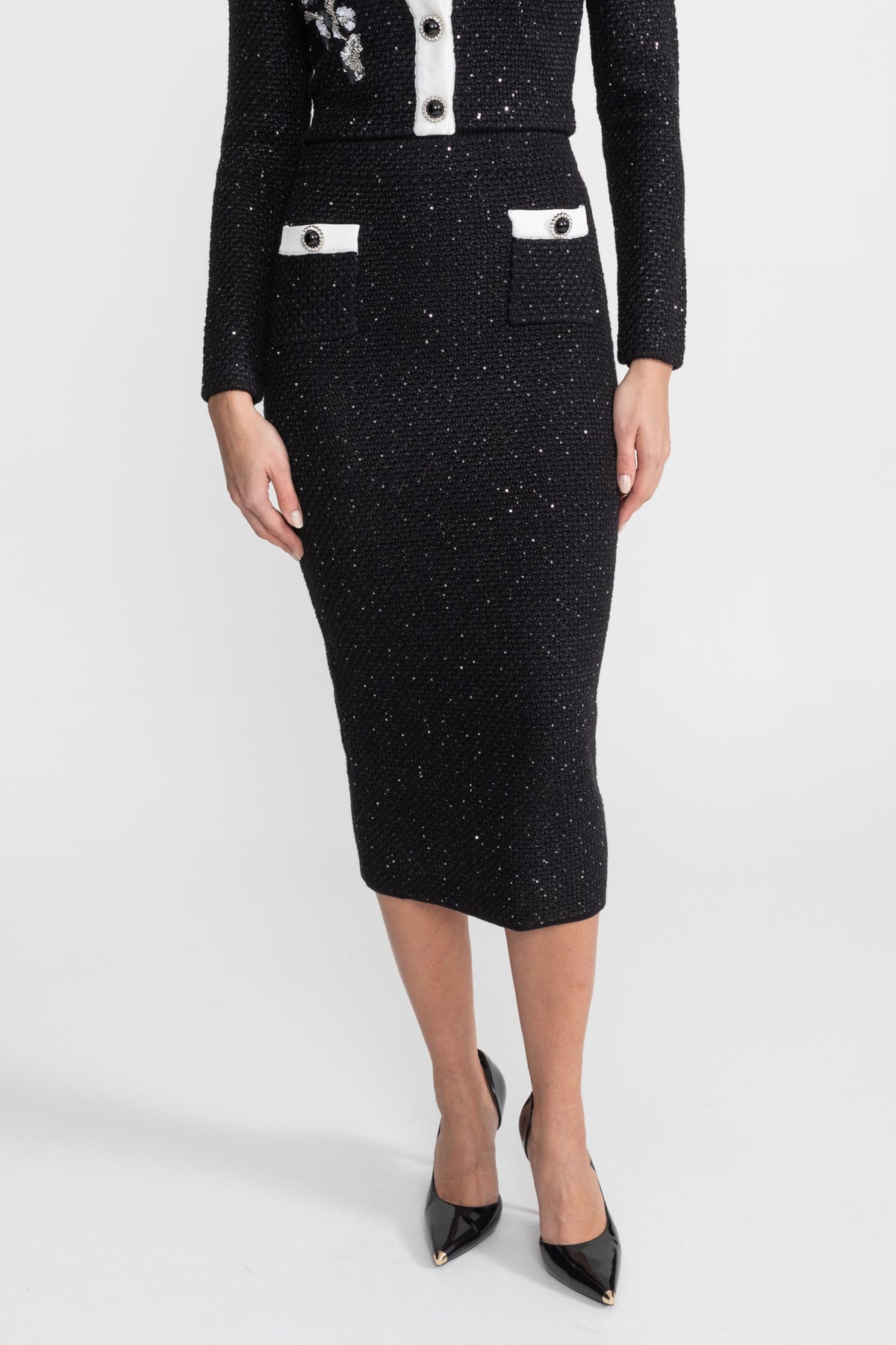 Clementine Black Embroidered Tweed Knit Co-Ord Set with Contrast Trim