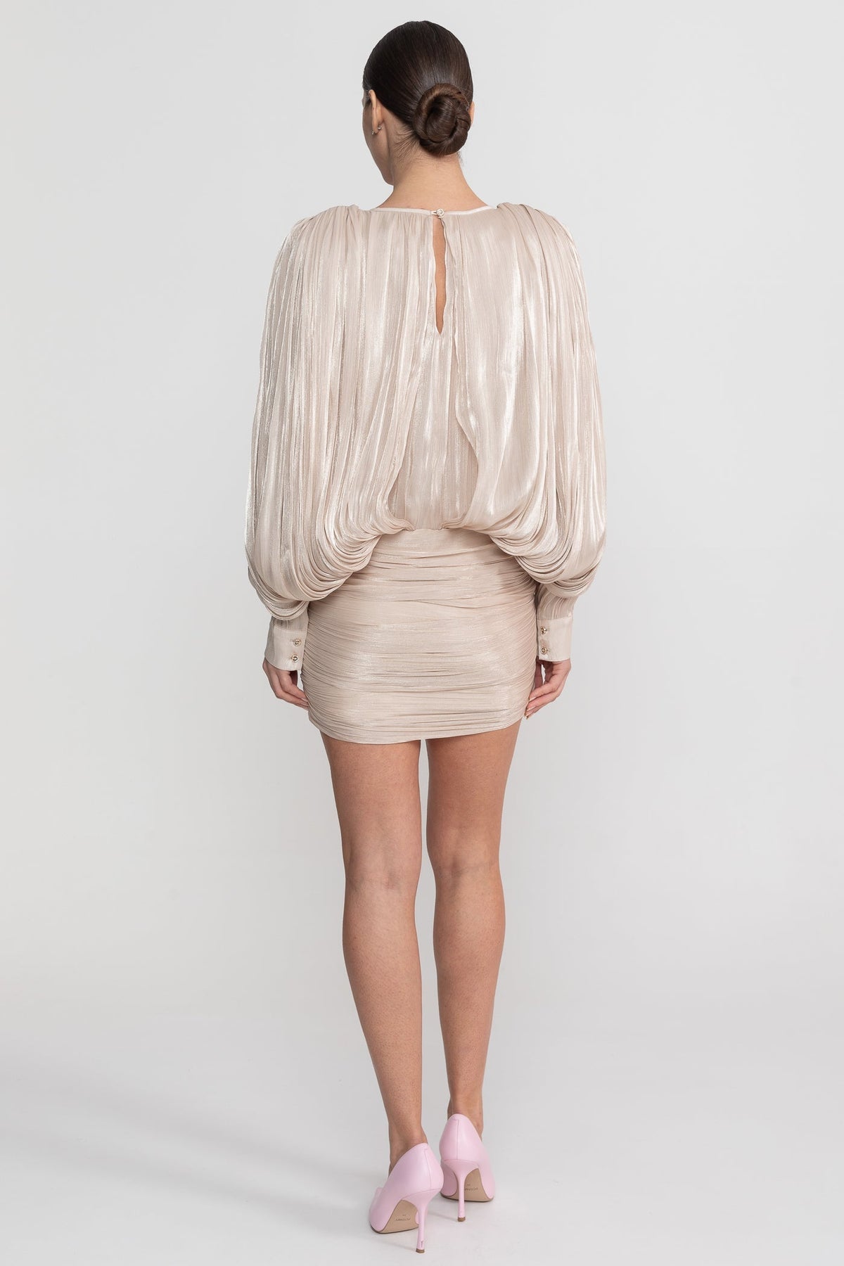 Draped Long Sleeve Mini Dress With Batwing Sleeves - Champagne