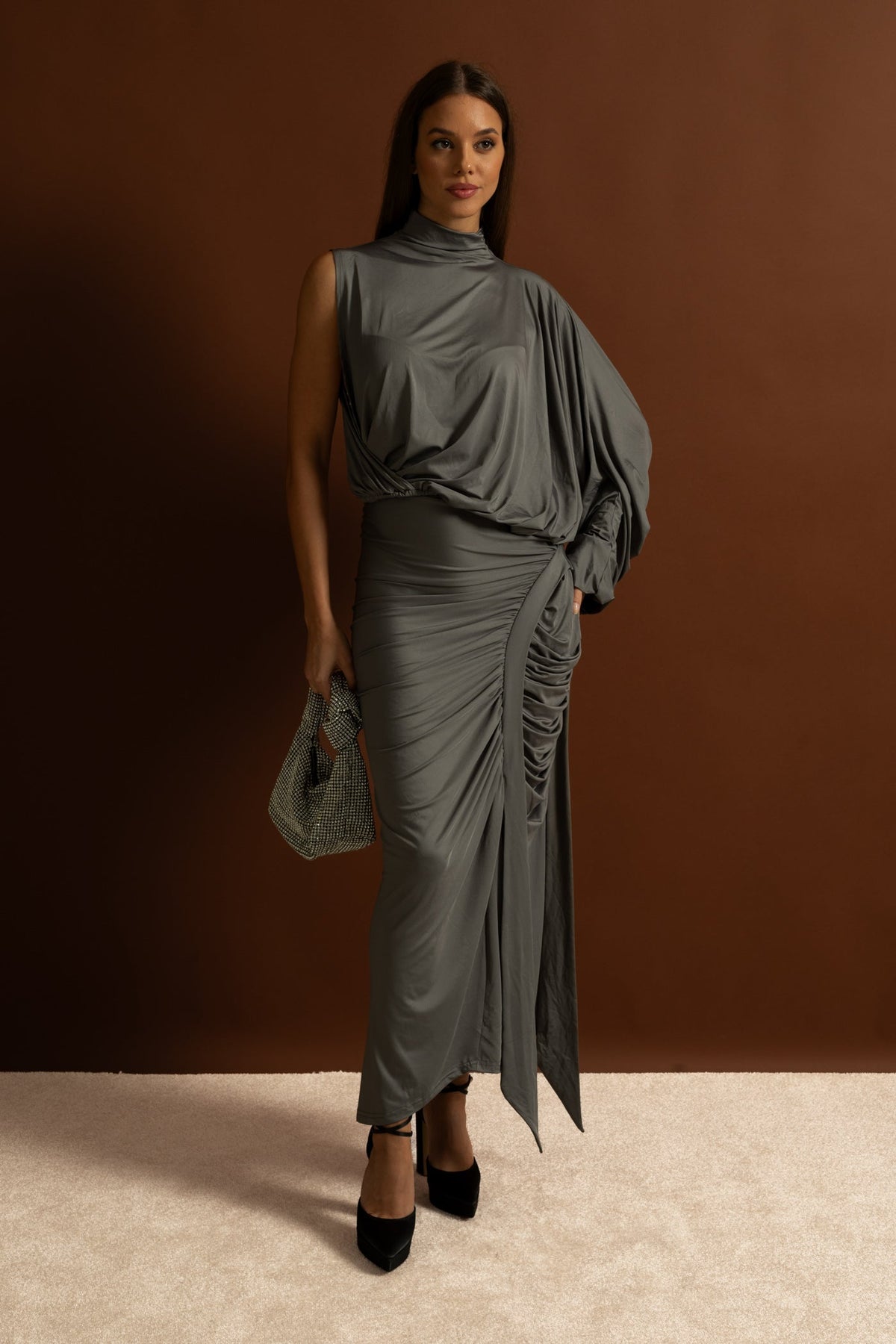 Draped Asymmetric Top and Ruched Maxi Skirt Co-Ord Set – Steel Grey