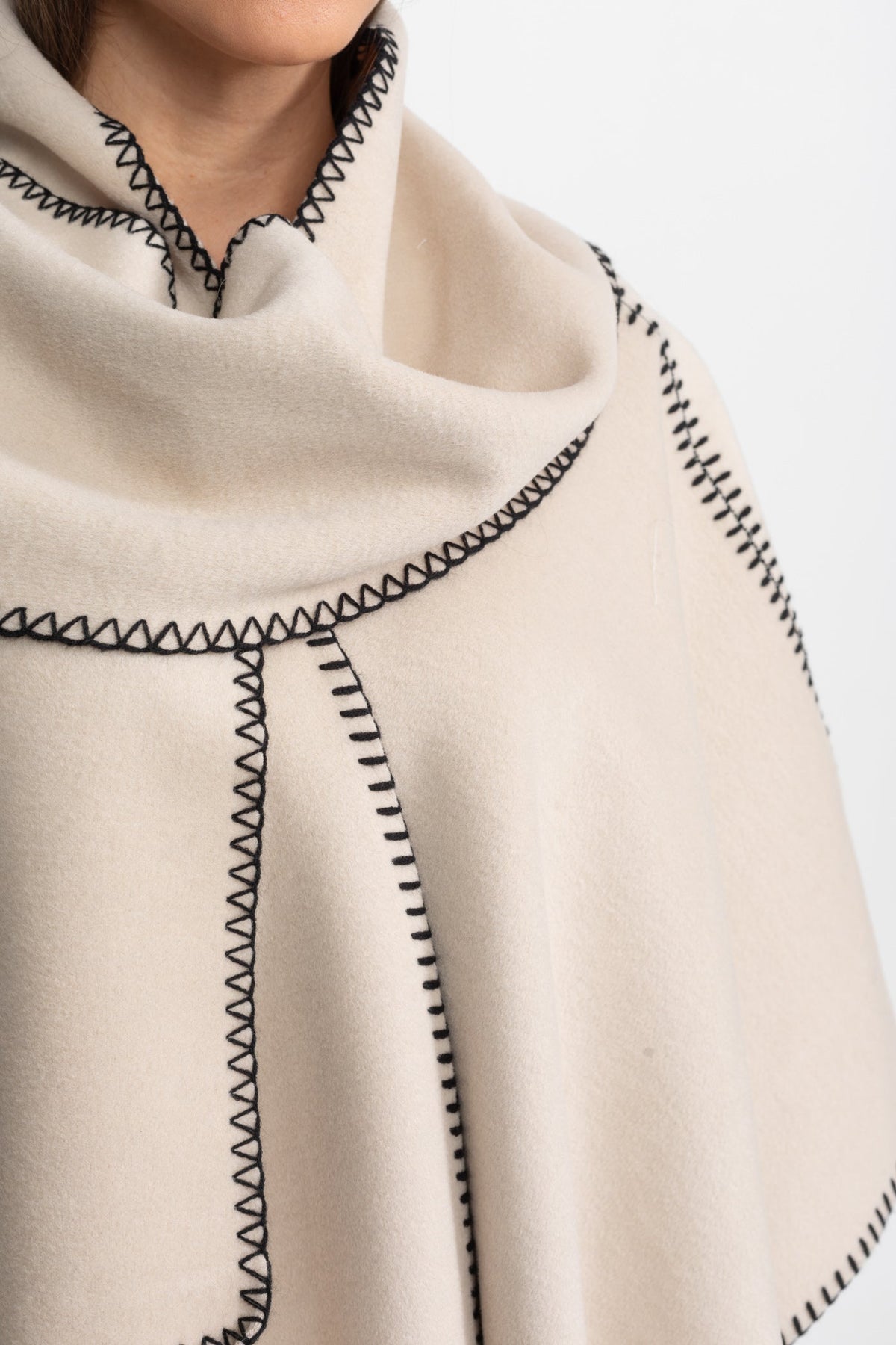 Wool Blend Poncho with Contrast Whipstitch Edging – Ivoire