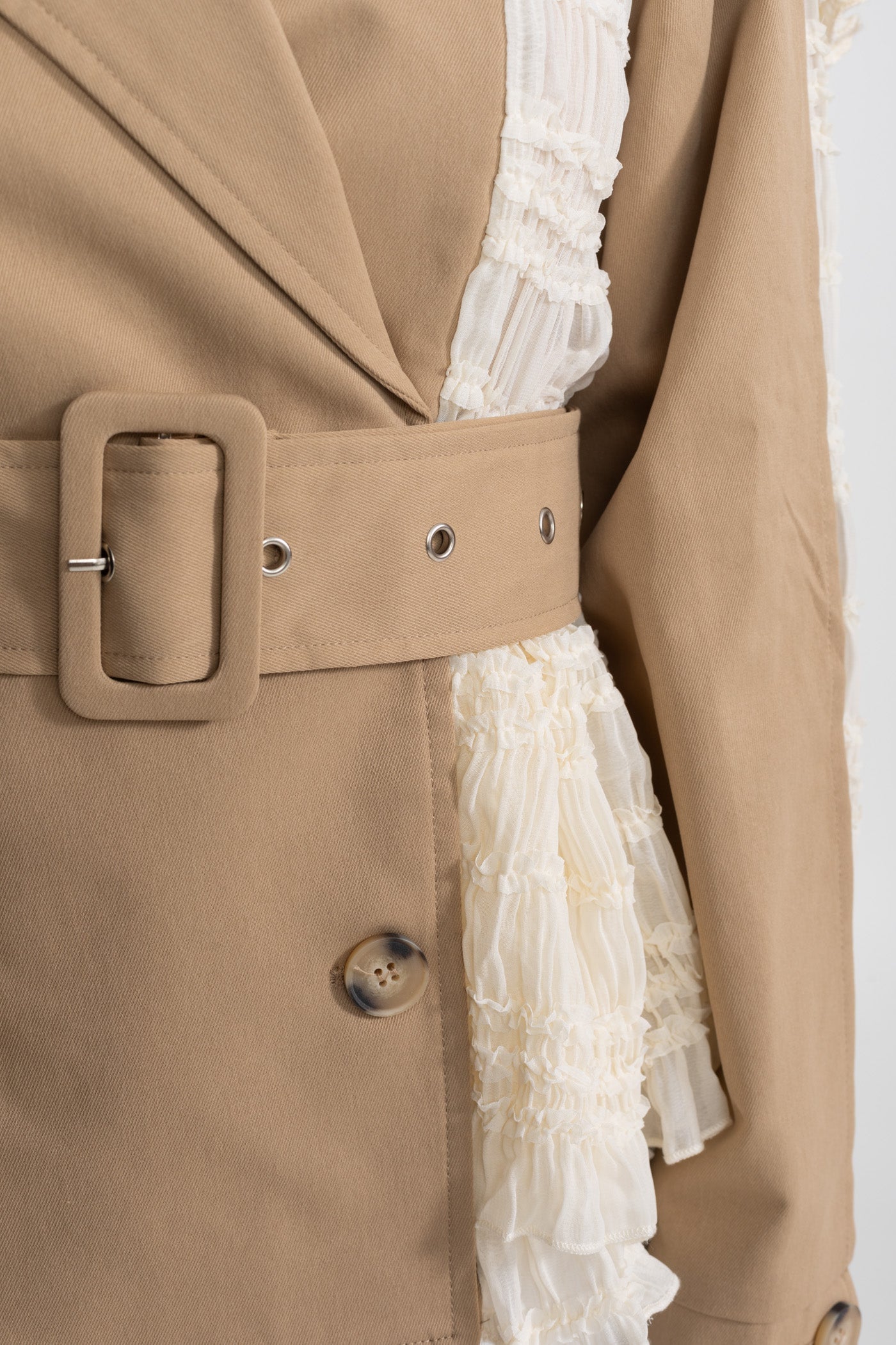 Lace Panel Trench Jacket With Belt – Beige