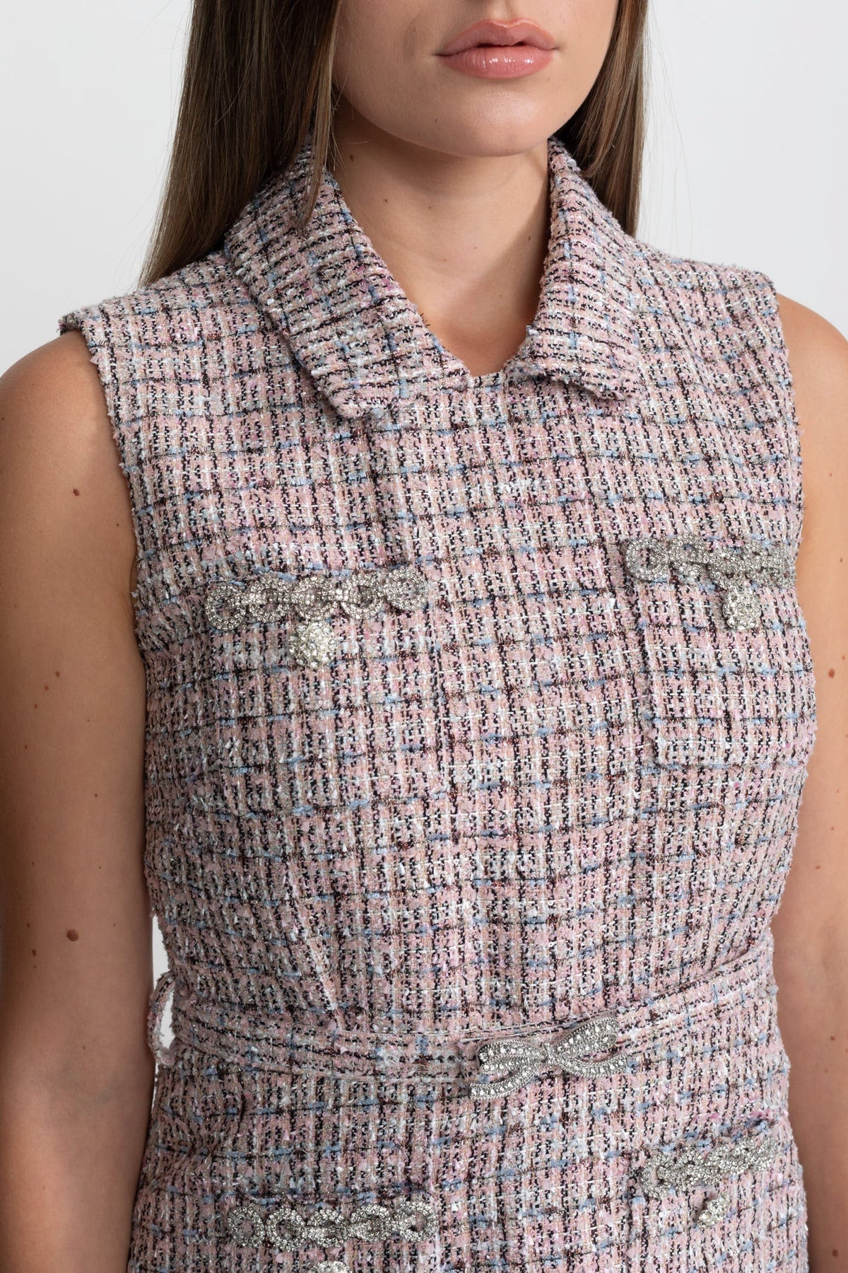 Ondine Pink/White Tweed Vest Dress with Pleated Skirt Detail