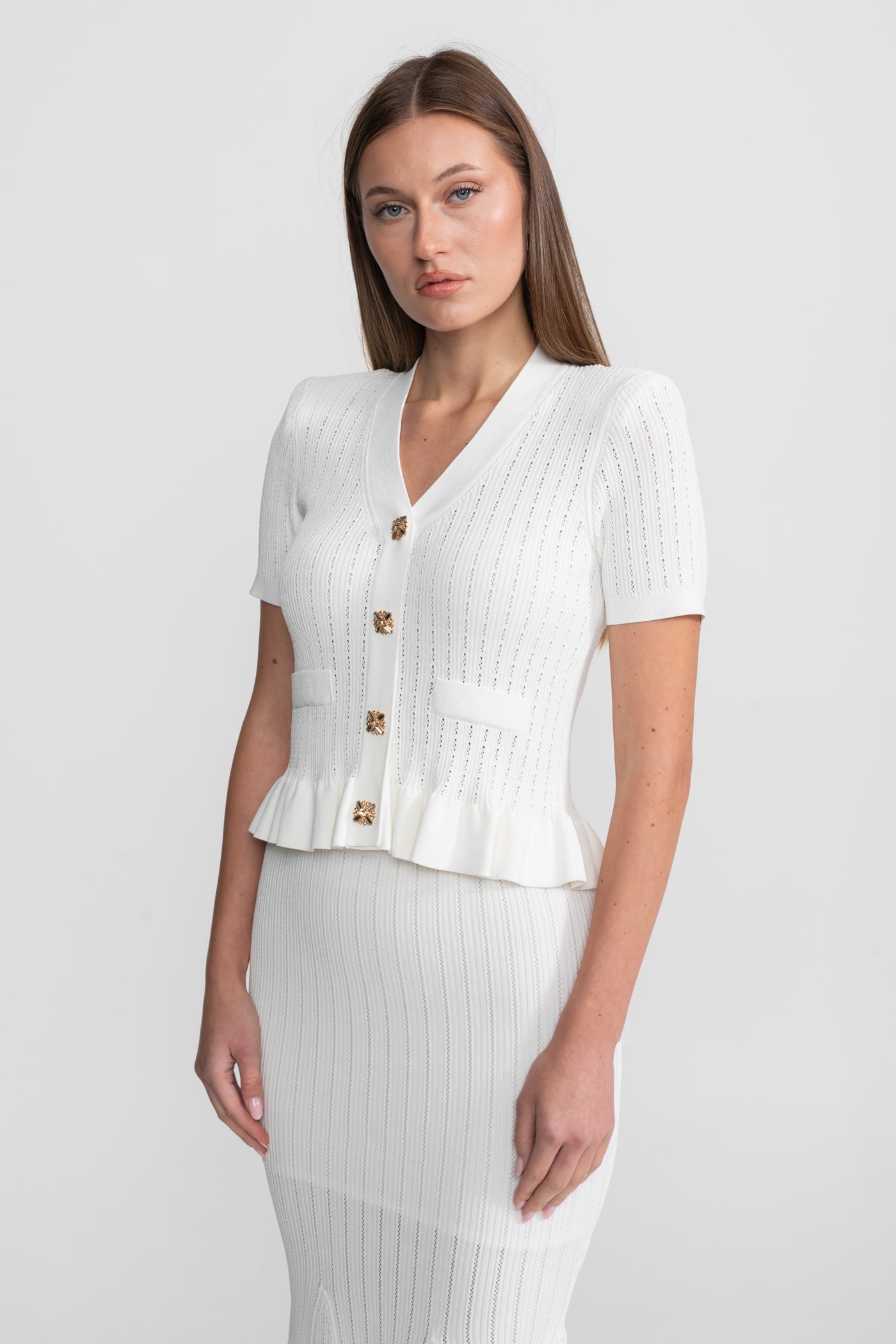 Knit Midi Co-Ord with Peplum Waist and Gold Buttons – White
