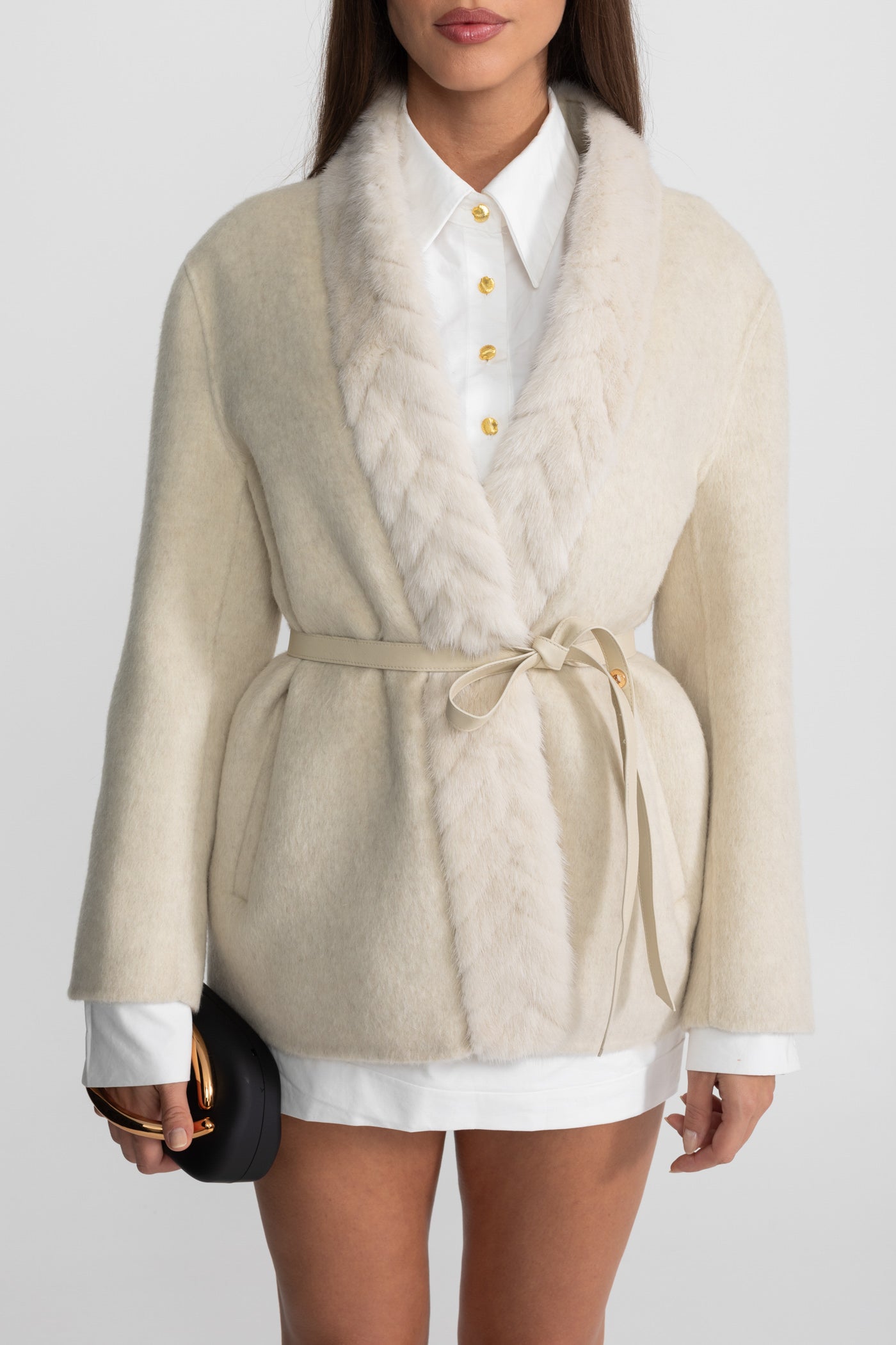 Cashmere Trim Jacket With Belted Waist and Mink Fur – Ivoire