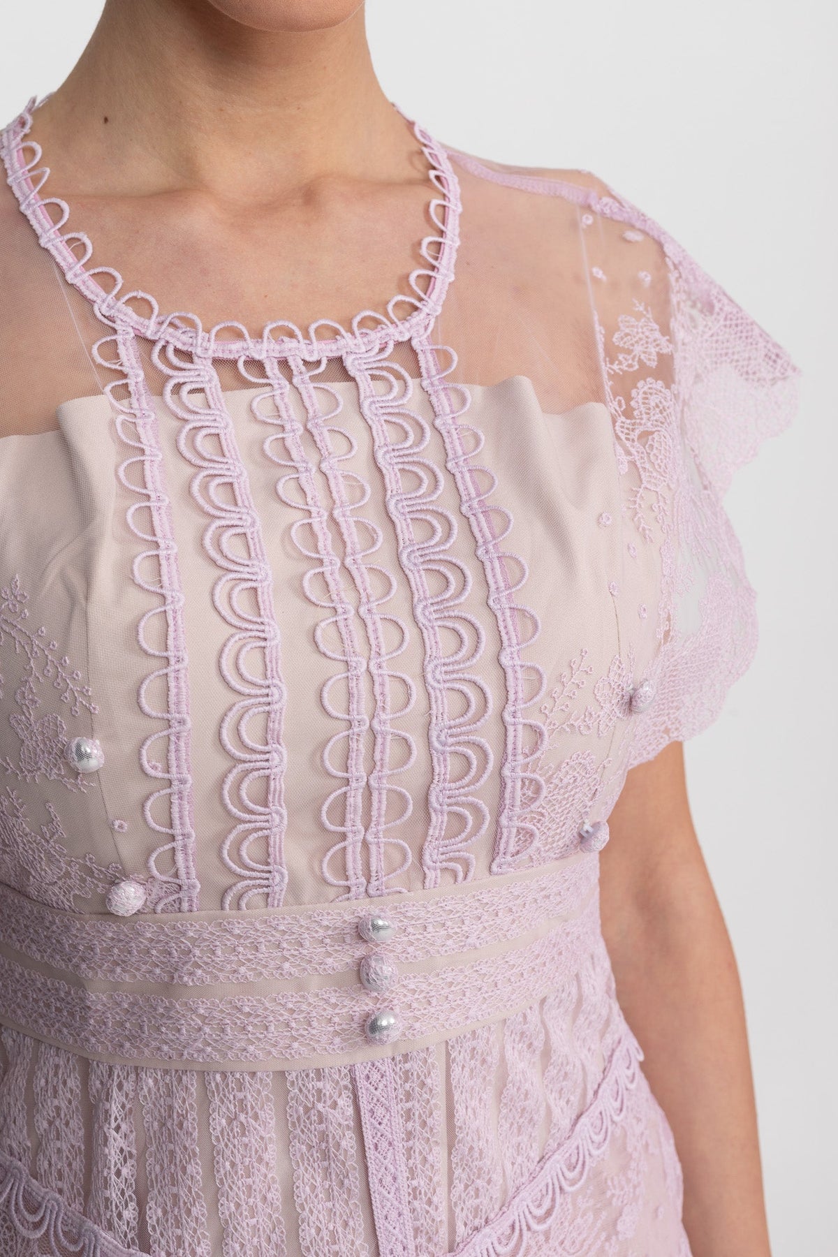 Lace Cap Sleeve Midi Dress With Scalloped Trims And Pearl Button Detail - Lilac