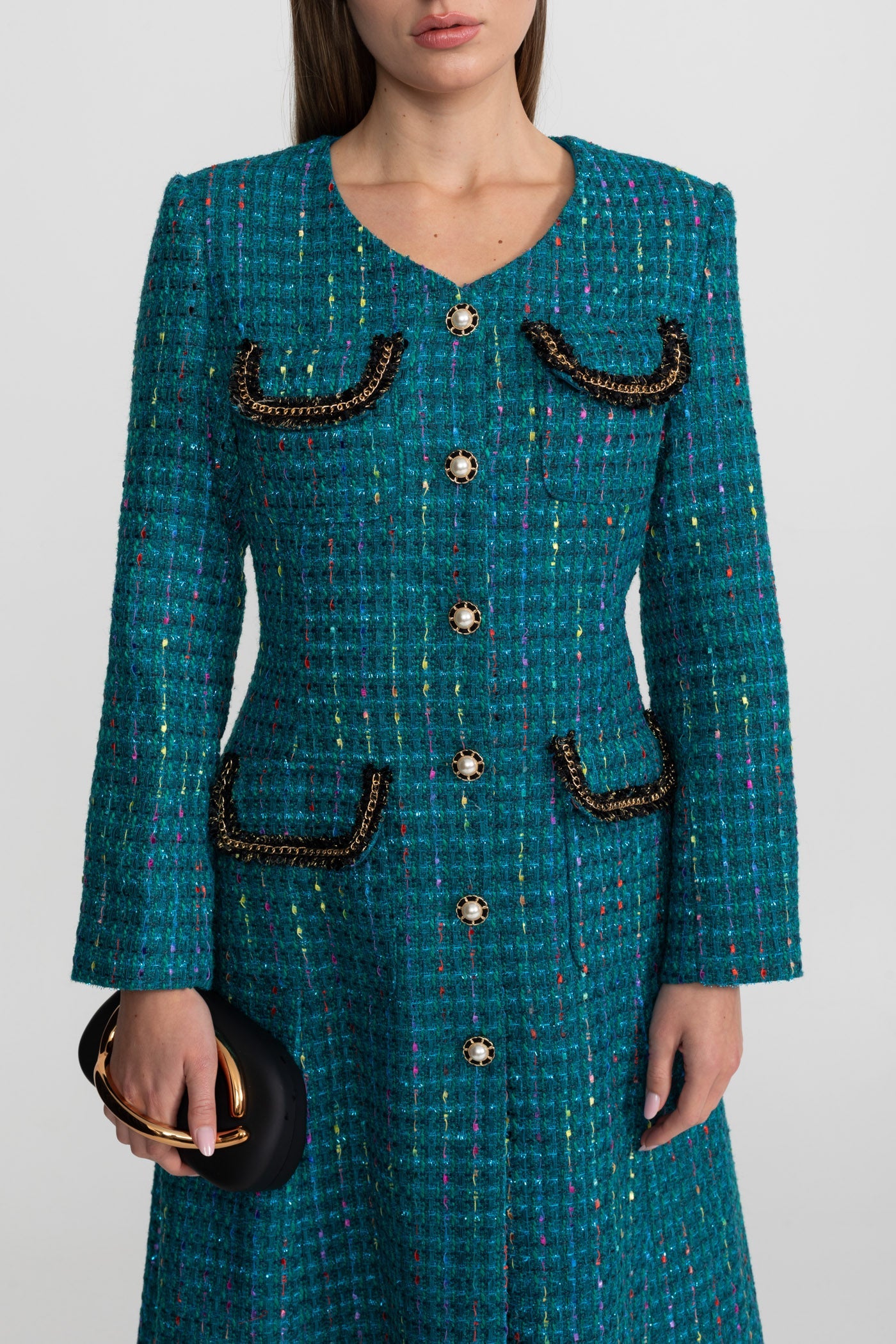 Clarisse Teal Embellished Tweed Midi Dress With Structured Shoulders
