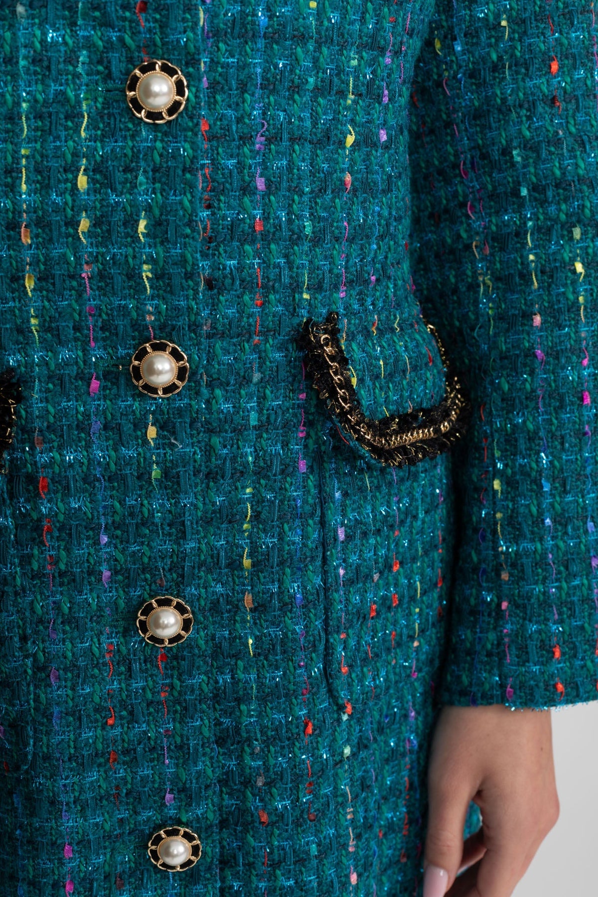 Clarisse Teal Embellished Tweed Midi Dress With Structured Shoulders