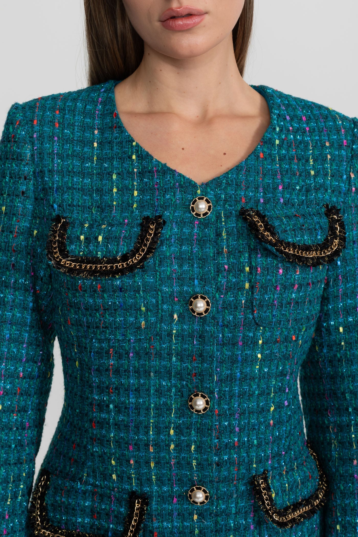 Clarisse Teal Embellished Tweed Midi Dress With Structured Shoulders