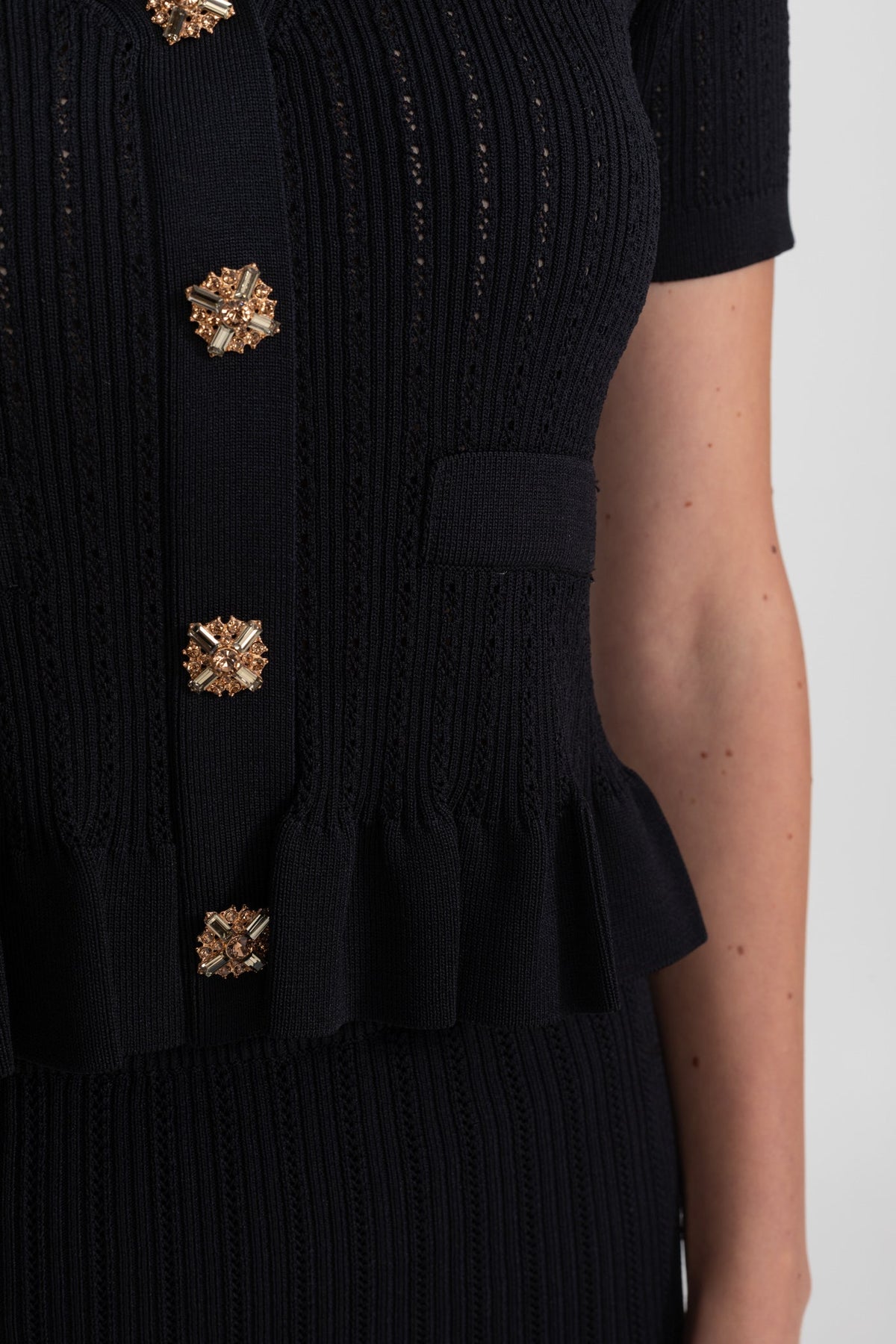 Eloise Black Knit Midi Co-Ord with Peplum Waist and Gold Buttons