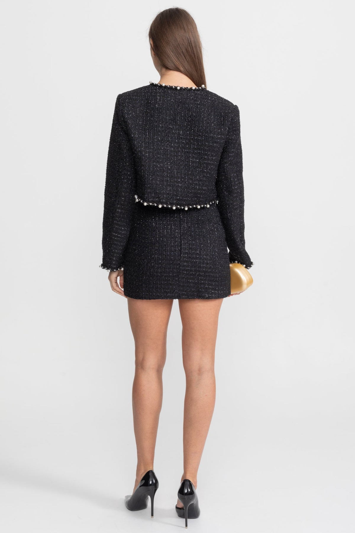 Leonie Black Pearl-Trim Cropped Tweed Blazer with Open Front