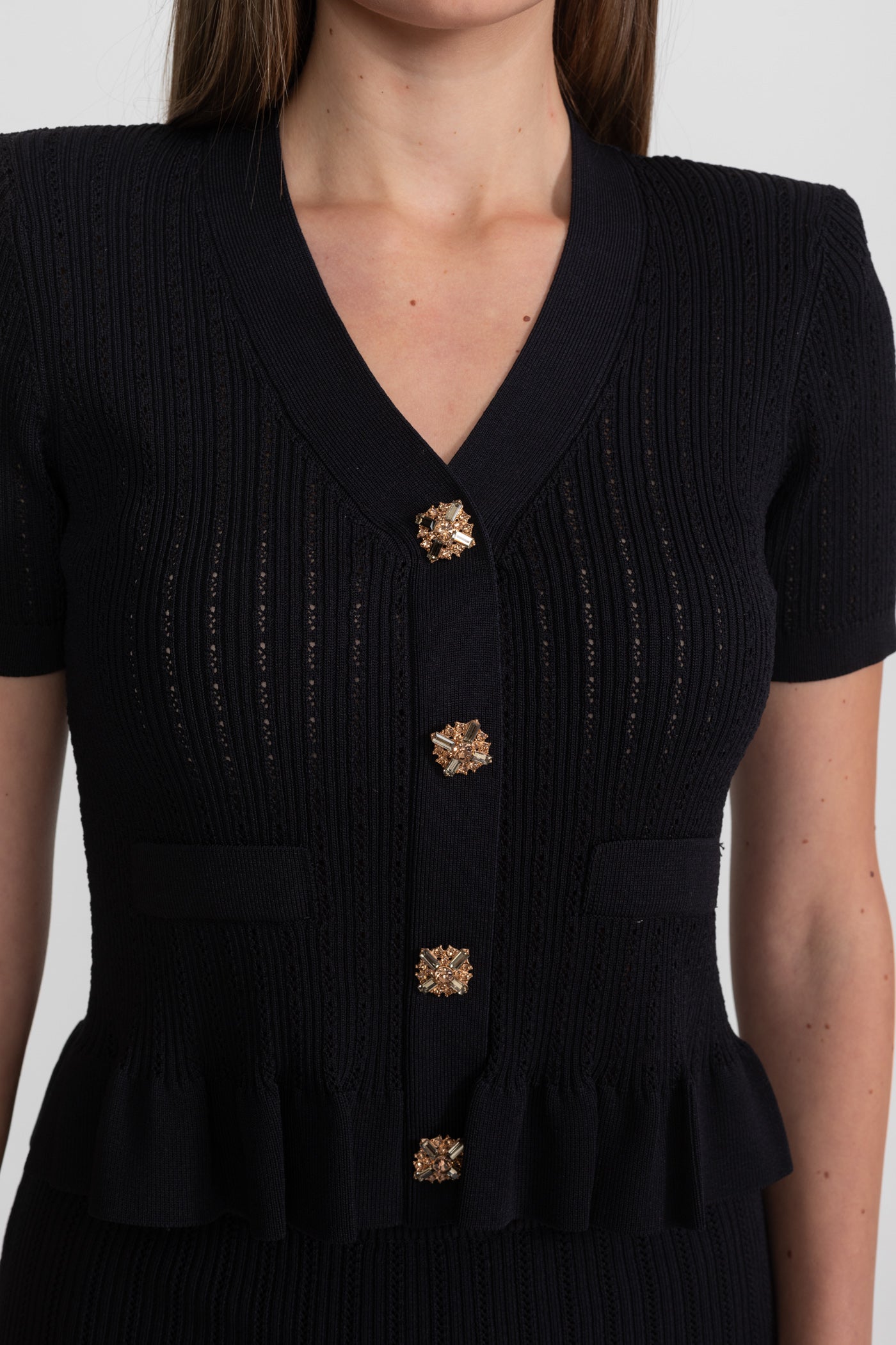 Knit Midi Co-Ord with Peplum Waist and Gold Buttons – Black