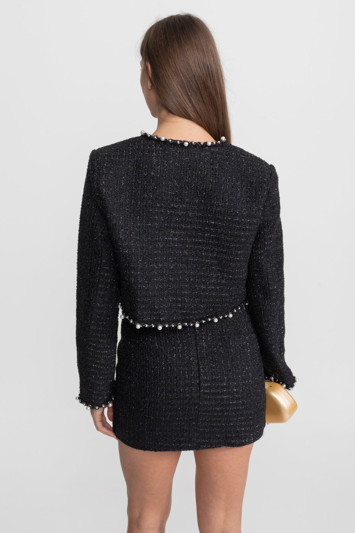 Leonie Black Pearl-Trim Cropped Tweed Blazer with Open Front