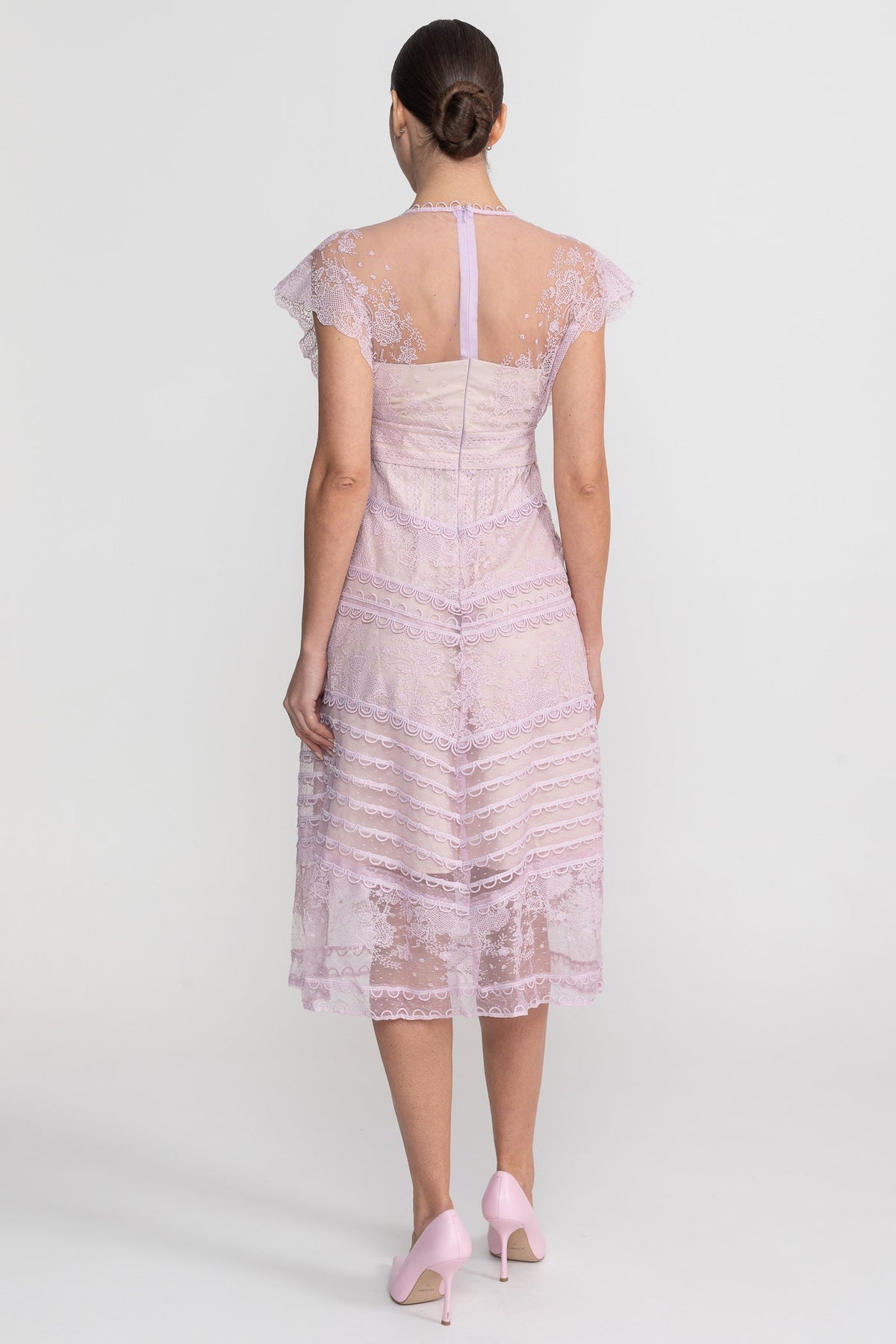 Lace Cap Sleeve Midi Dress With Scalloped Trims And Pearl Button Detail - Lilac