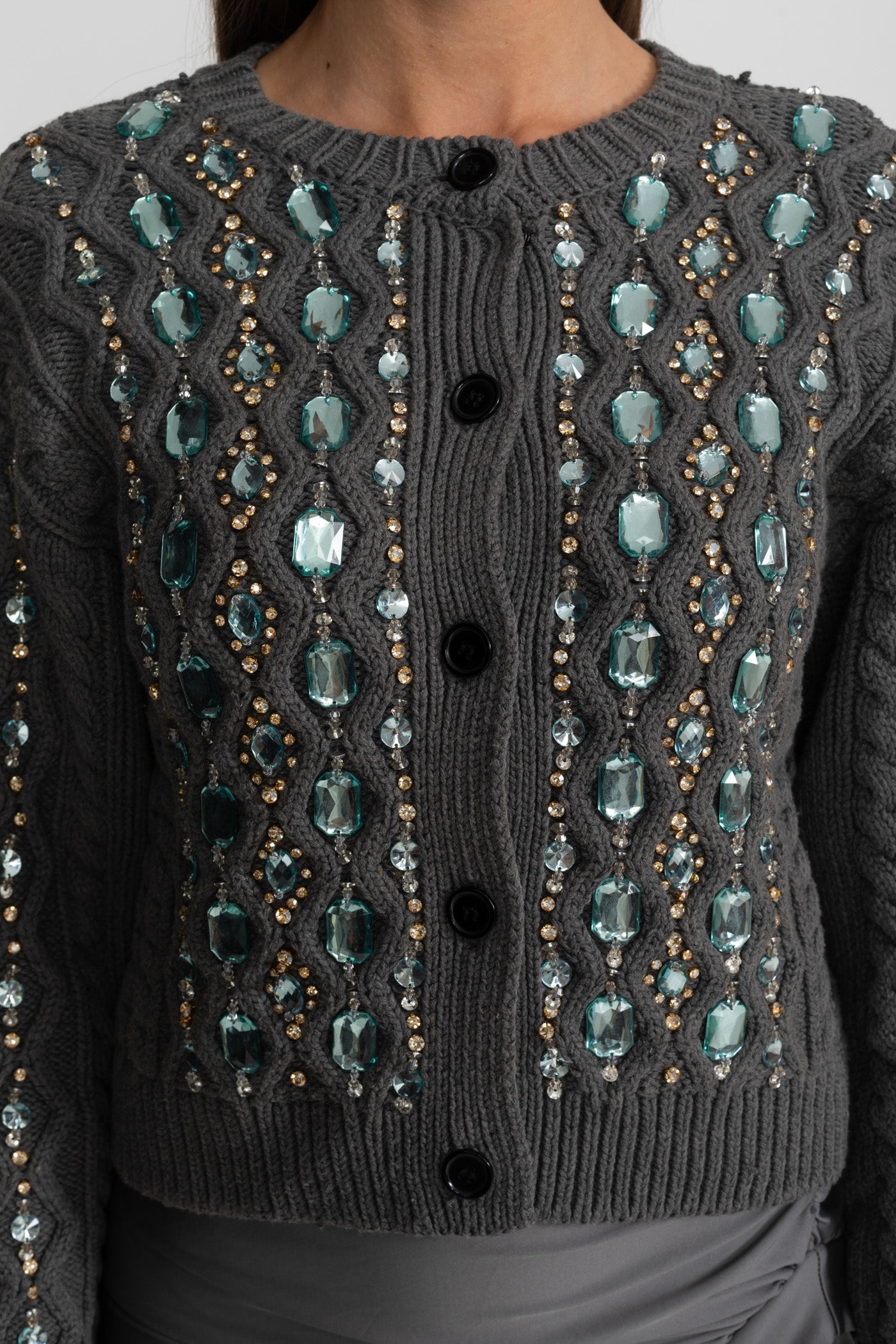Embellished Cable Knit Cardigan With Gem Detailing – Charcoal Grey