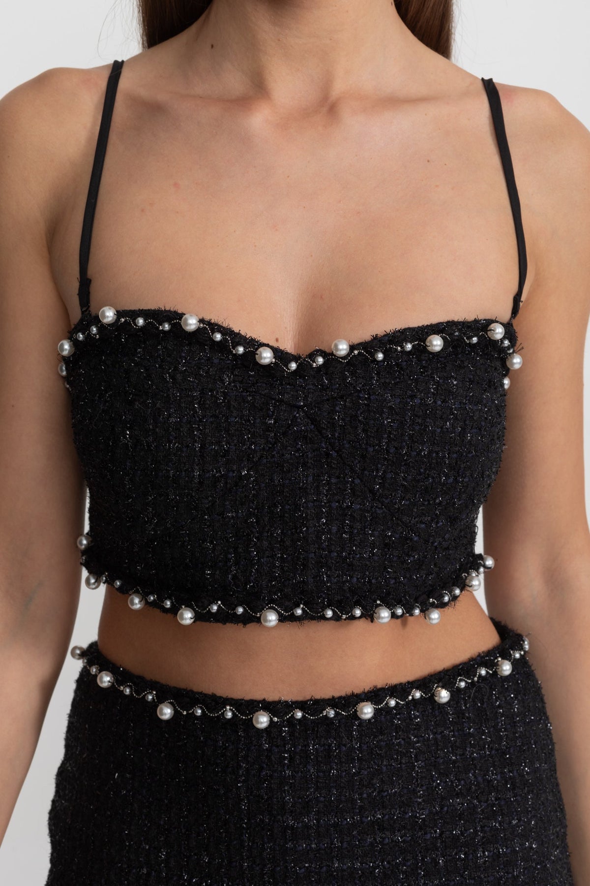 Leopoldine Black Pearl-Trim Tweed Co-Ord Set with Cropped Bustier Top