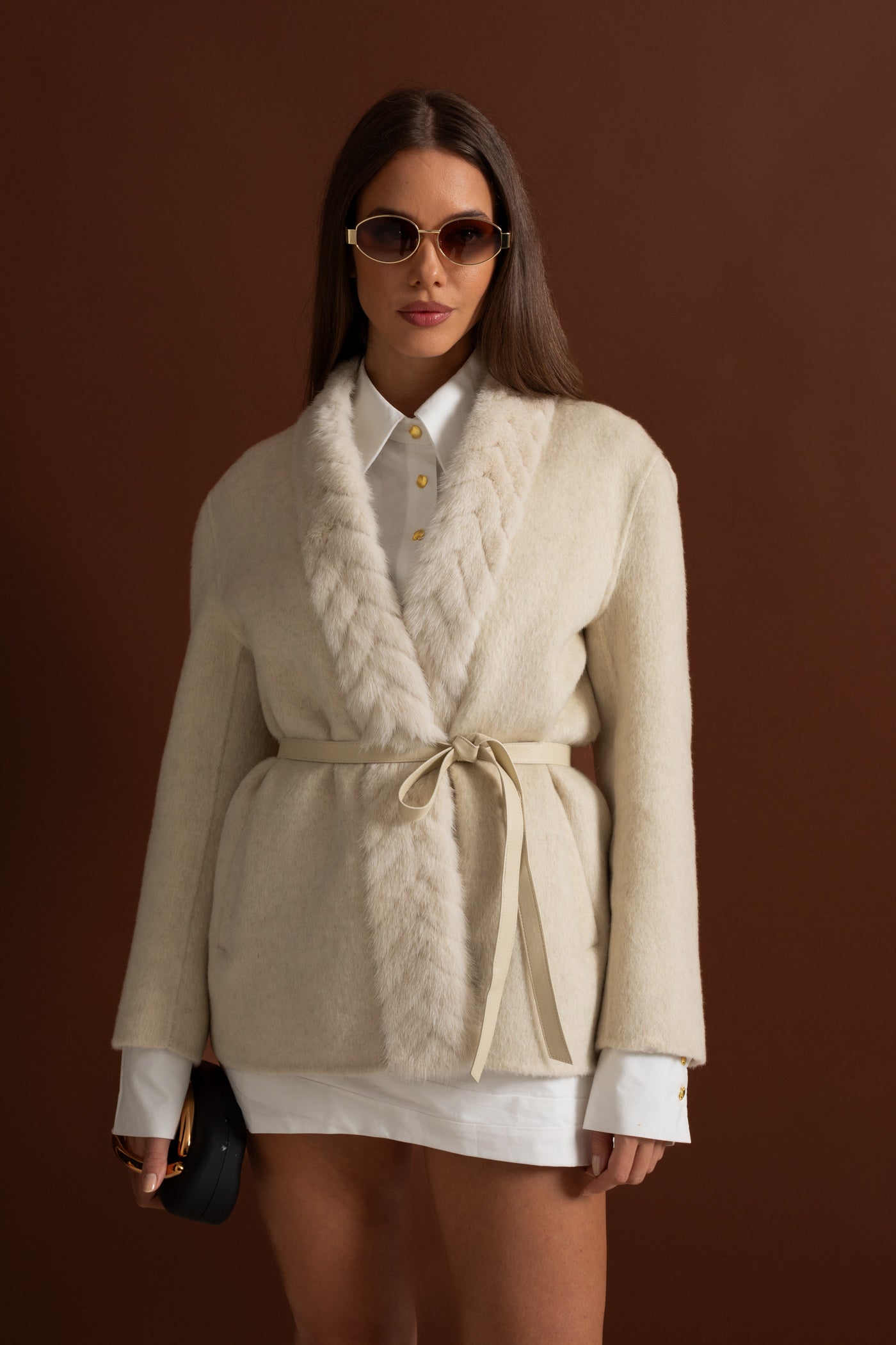 Cashmere Trim Jacket With Belted Waist and Mink Fur – Ivoire