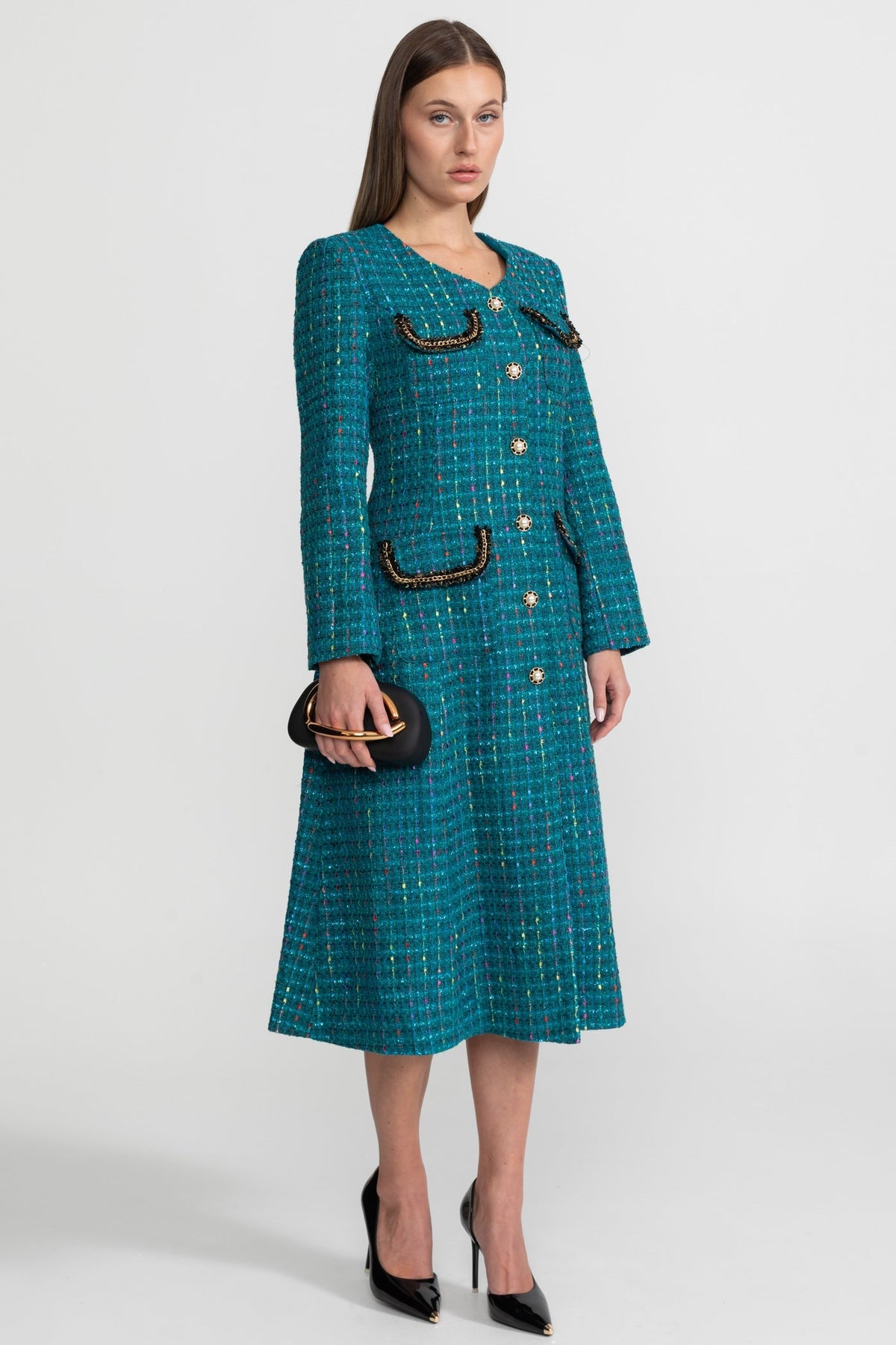 Clarisse Teal Embellished Tweed Midi Dress With Structured Shoulders
