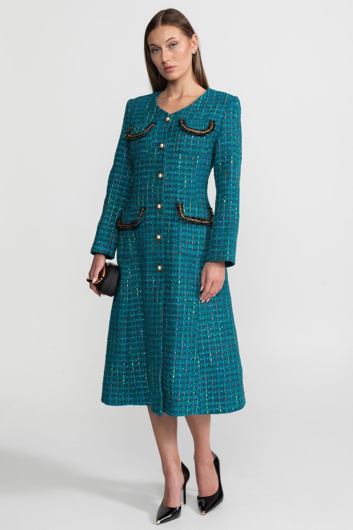 Clarisse Teal Embellished Tweed Midi Dress With Structured Shoulders