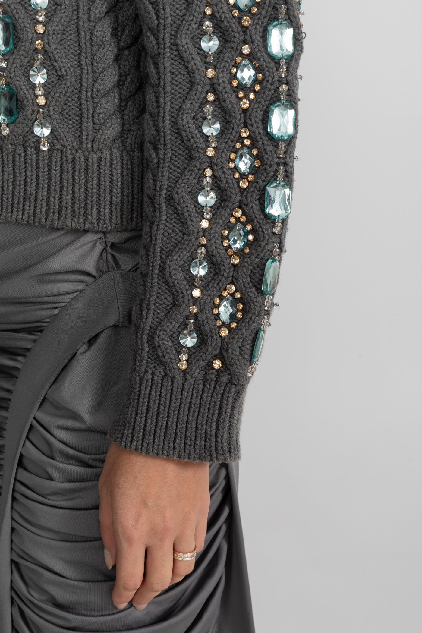 Embellished Cable Knit Cardigan With Gem Detailing – Charcoal Grey