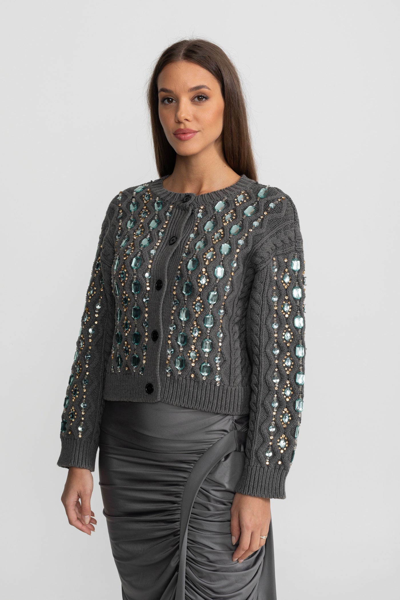 Beatrice Charcoal Grey Embellished Cable Knit Cardigan With Gem Detailing
