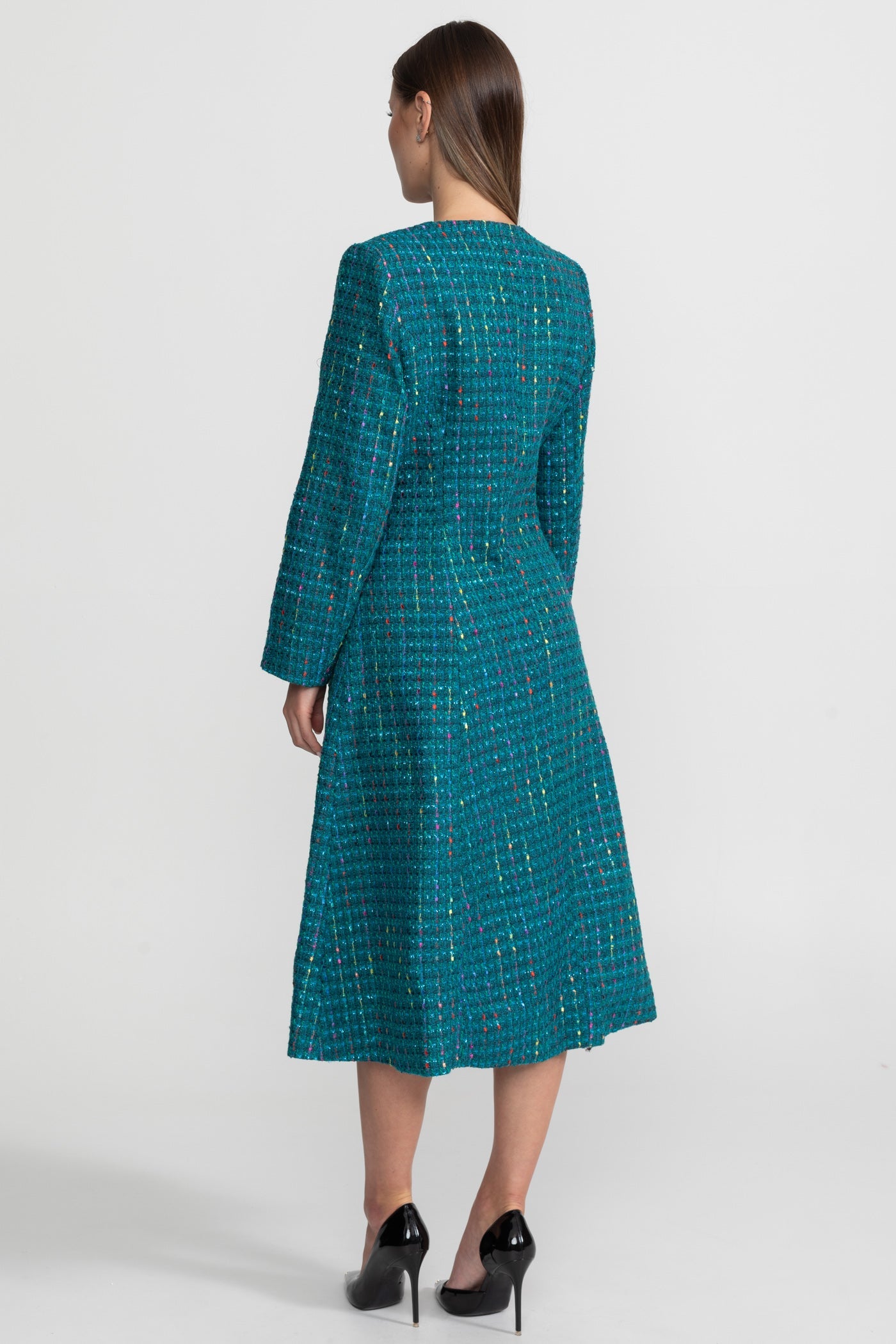 Clarisse Teal Embellished Tweed Midi Dress With Structured Shoulders