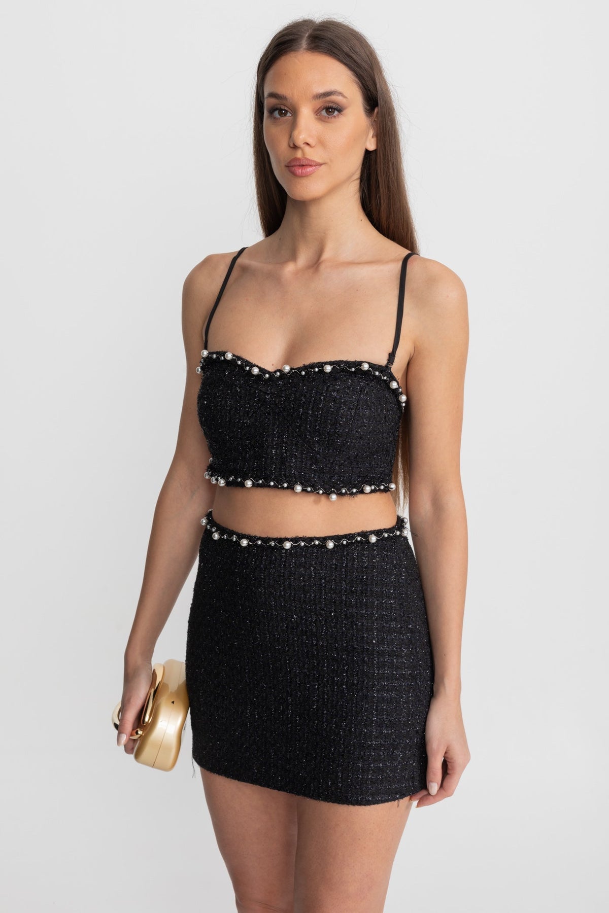 Leopoldine Black Pearl-Trim Tweed Co-Ord Set with Cropped Bustier Top