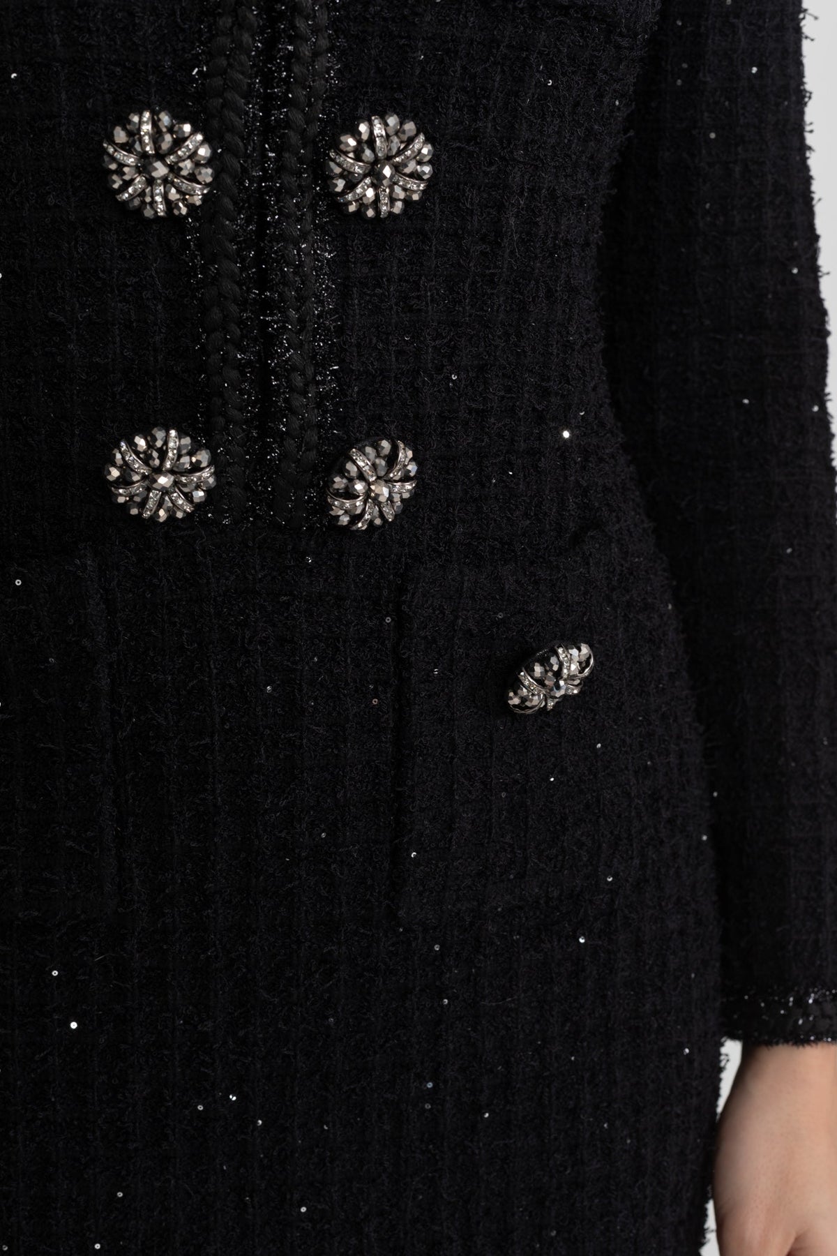 Augustine Black Textured Tweed Midi Dress with Crystal Button Detail