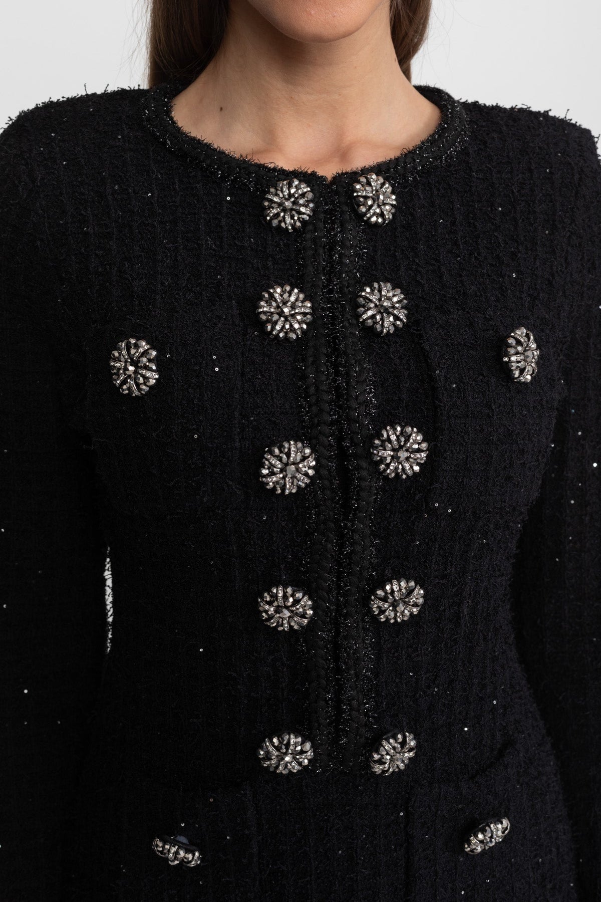 Augustine Black Textured Tweed Midi Dress with Crystal Button Detail