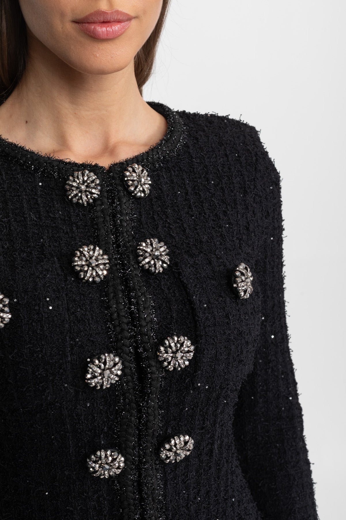Augustine Black Textured Tweed Midi Dress with Crystal Button Detail