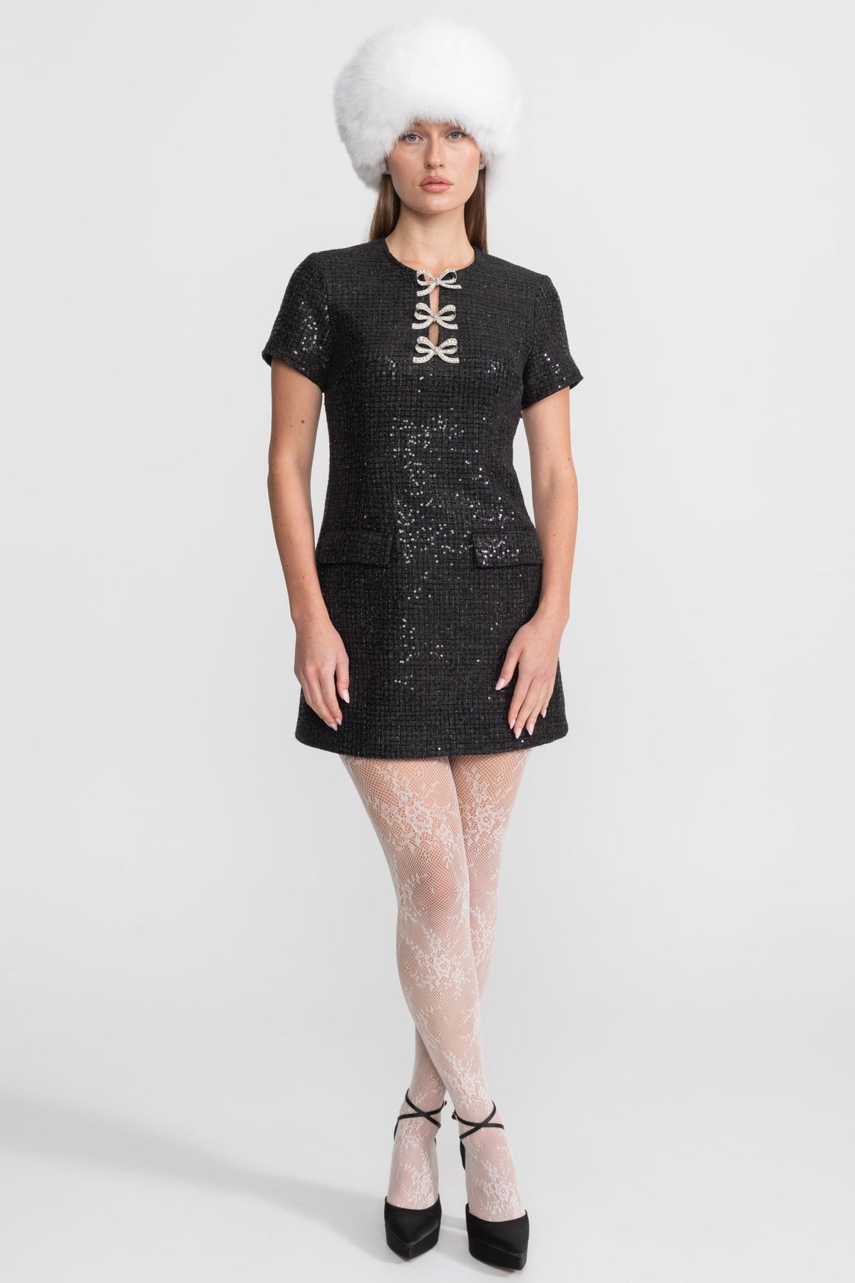 Sequin Mini Dress with Crystal Bow Accents - Black