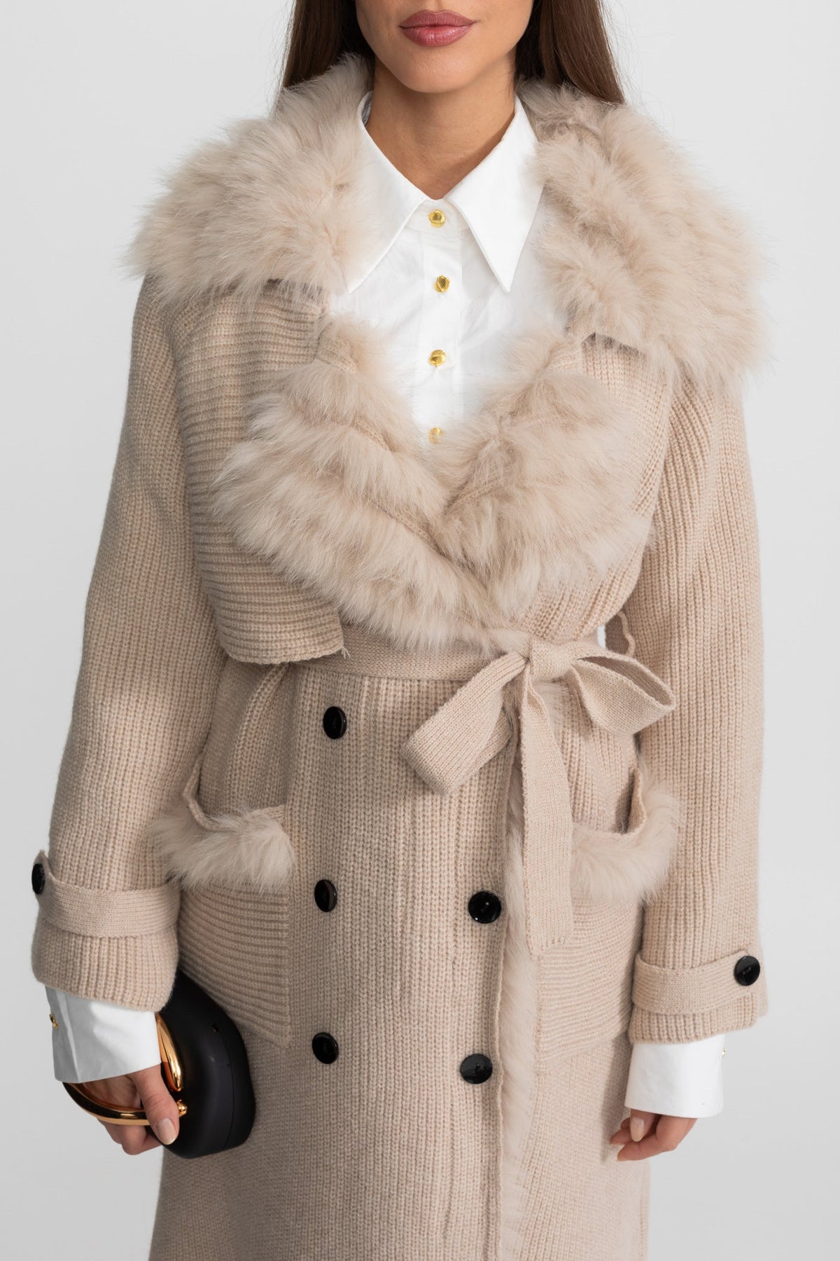 Ariadne Beige Double-Breasted Wool Knit Overcoat With Fur Trim