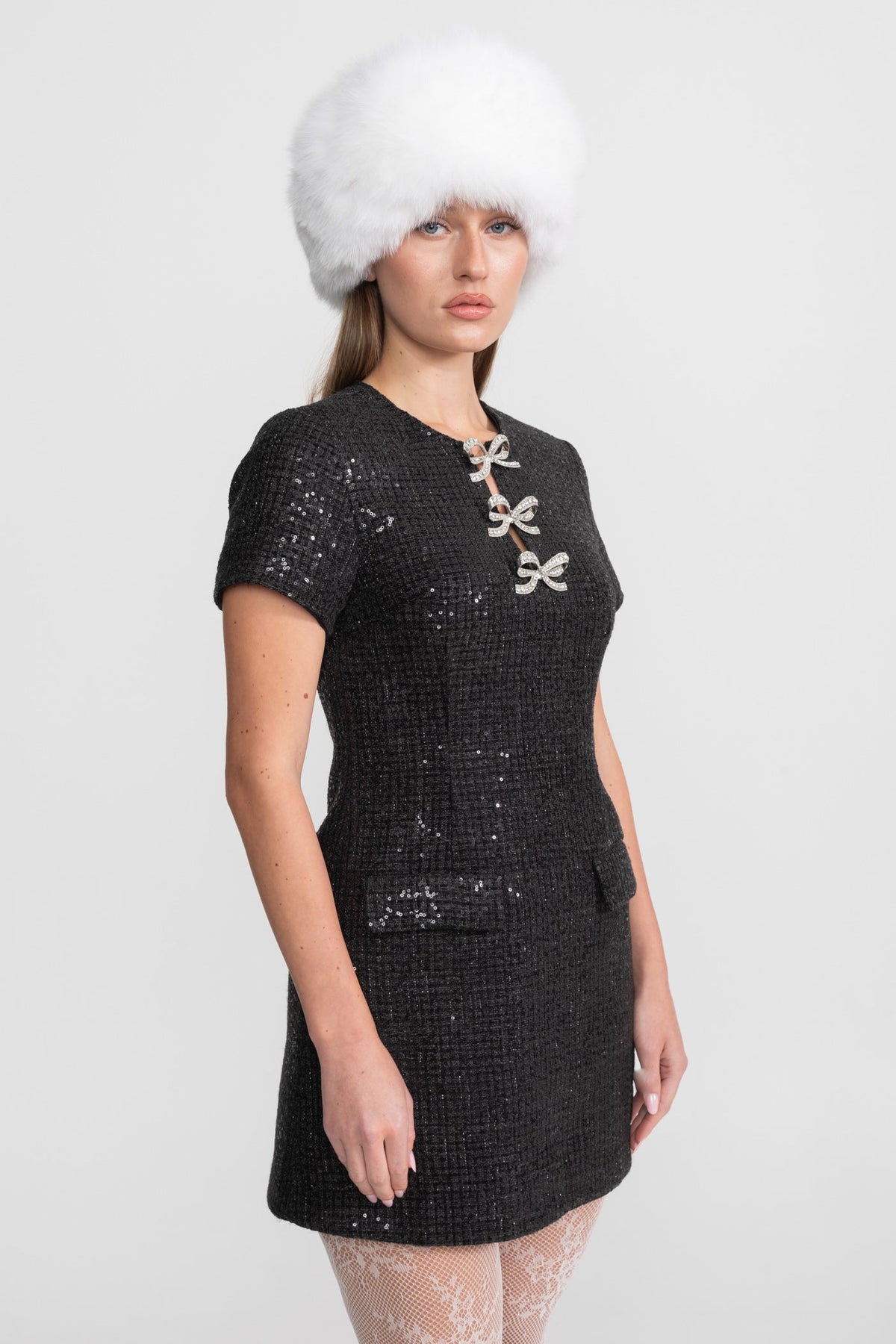 Sequin Mini Dress with Crystal Bow Accents - Black