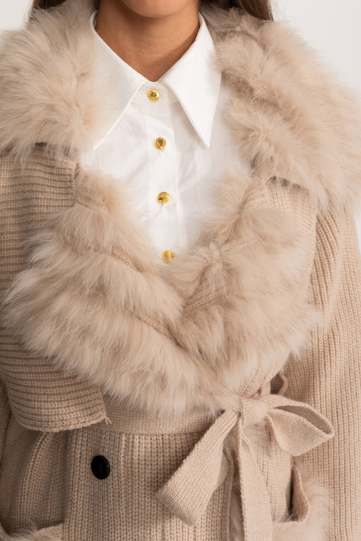 Ariadne Beige Double-Breasted Wool Knit Overcoat With Fur Trim