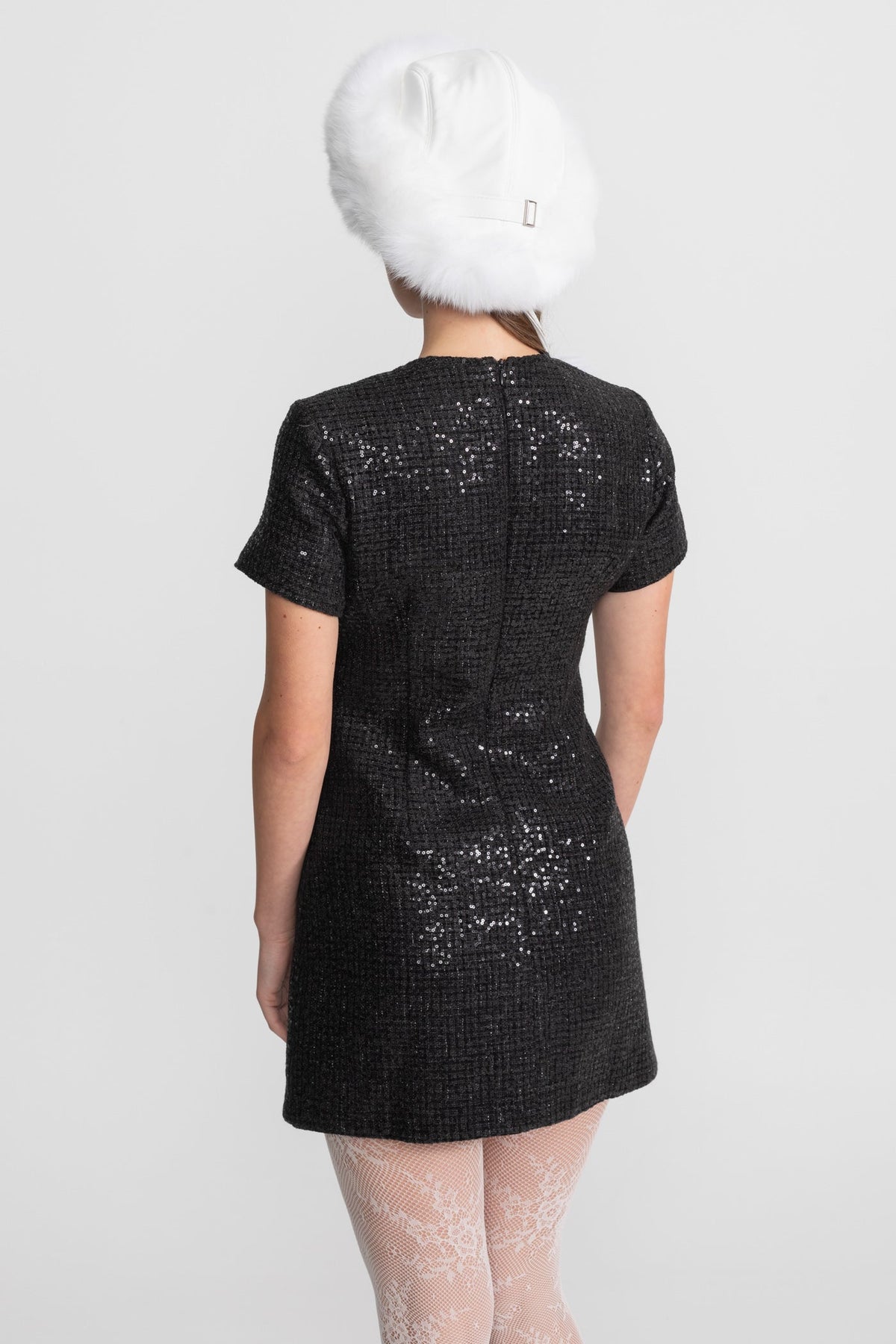Sequin Mini Dress with Crystal Bow Accents - Black