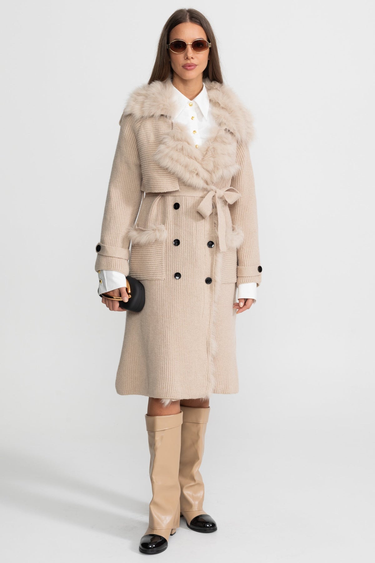 Ariadne Beige Double-Breasted Wool Knit Overcoat With Fur Trim