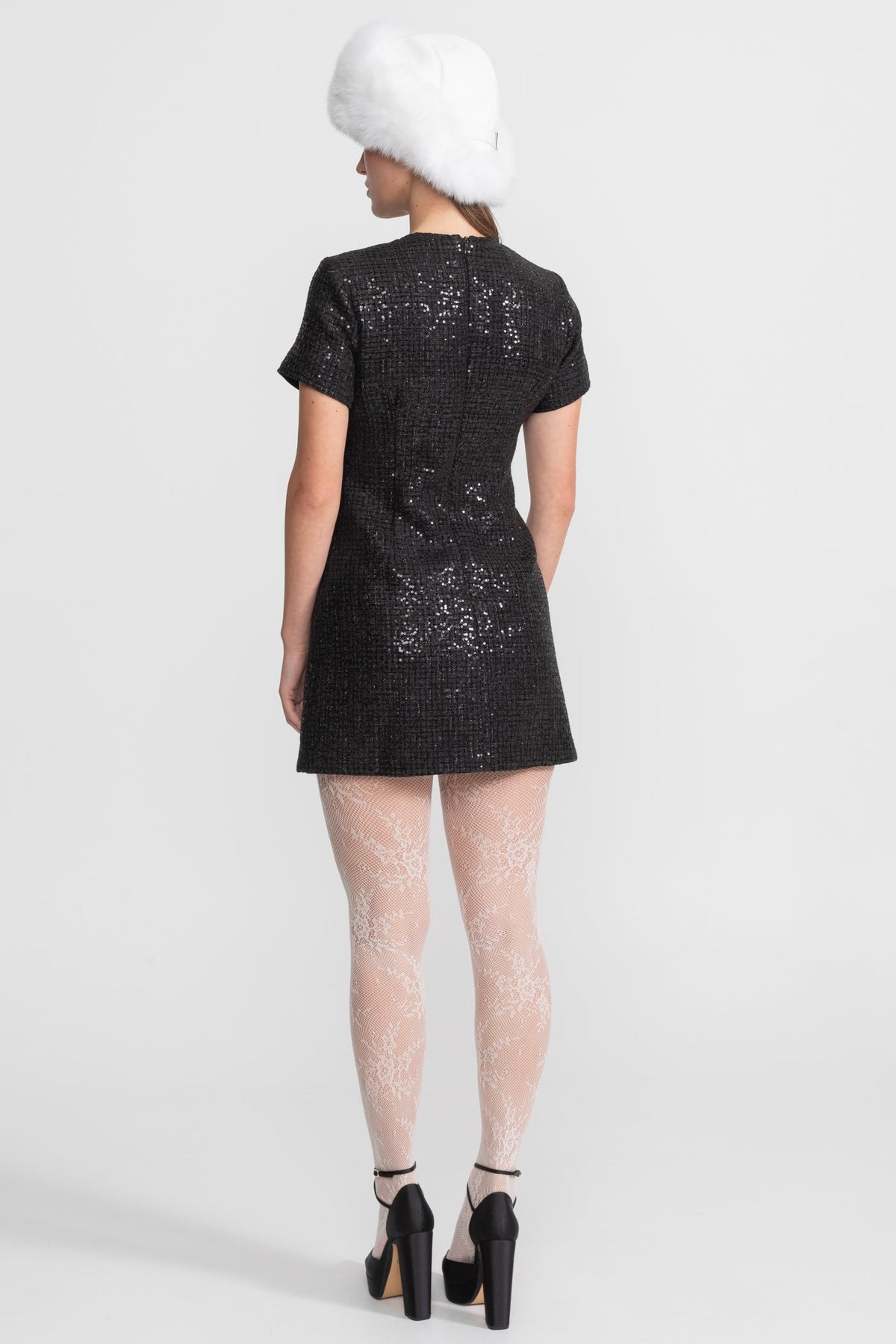 Sequin Mini Dress with Crystal Bow Accents - Black