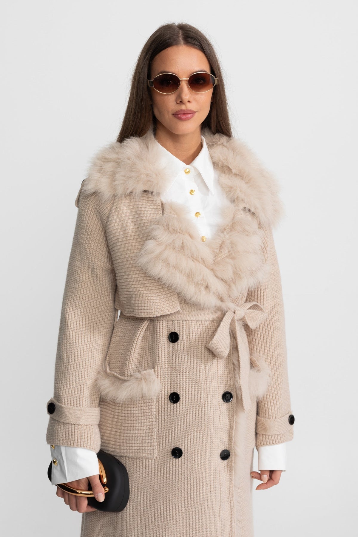 Ariadne Beige Double-Breasted Wool Knit Overcoat With Fur Trim