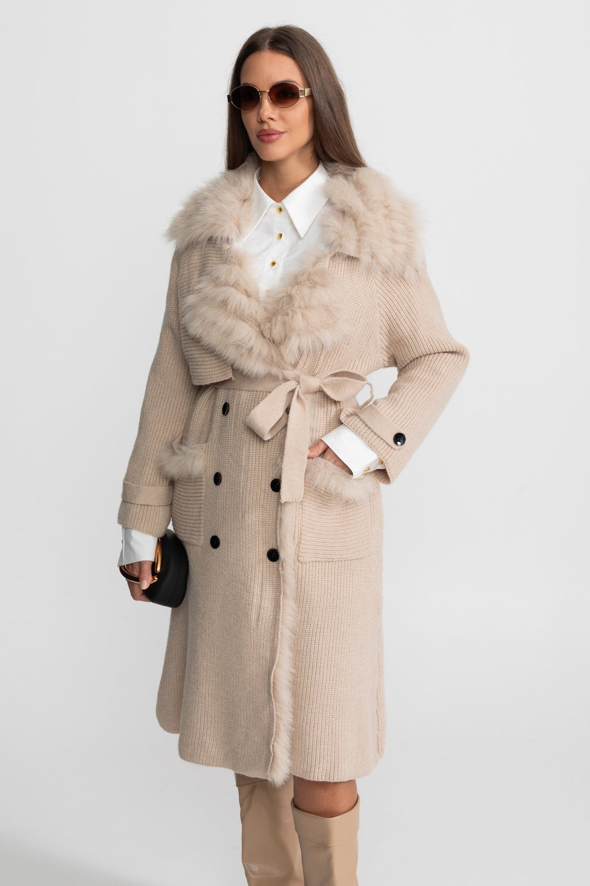 Ariadne Beige Double-Breasted Wool Knit Overcoat With Fur Trim