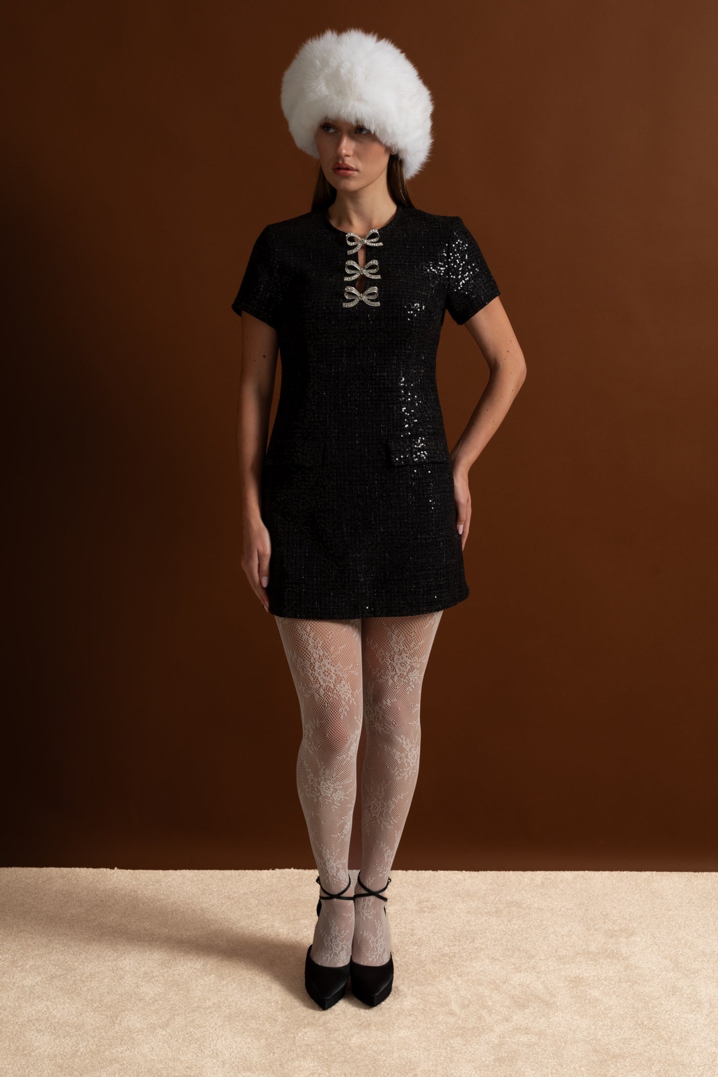 Sequin Mini Dress with Crystal Bow Accents - Black